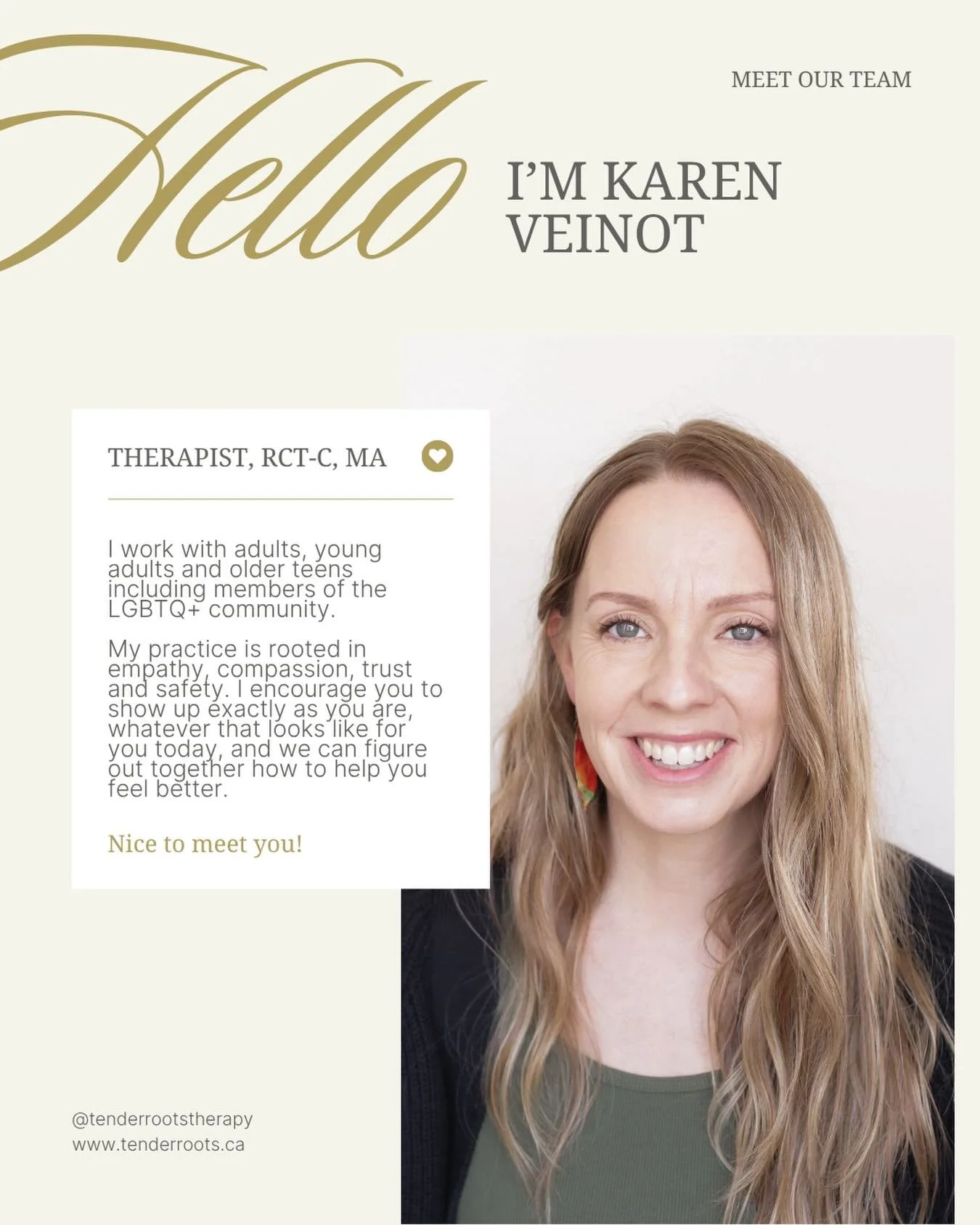 Meet Karen ✨

Karen believes that healing begins with feeling safe enough to show up exactly as you are.

With a warm, compassionate, and non-judgmental approach, Karen creates a space where clients can explore life&rsquo;s challenges at their own pa