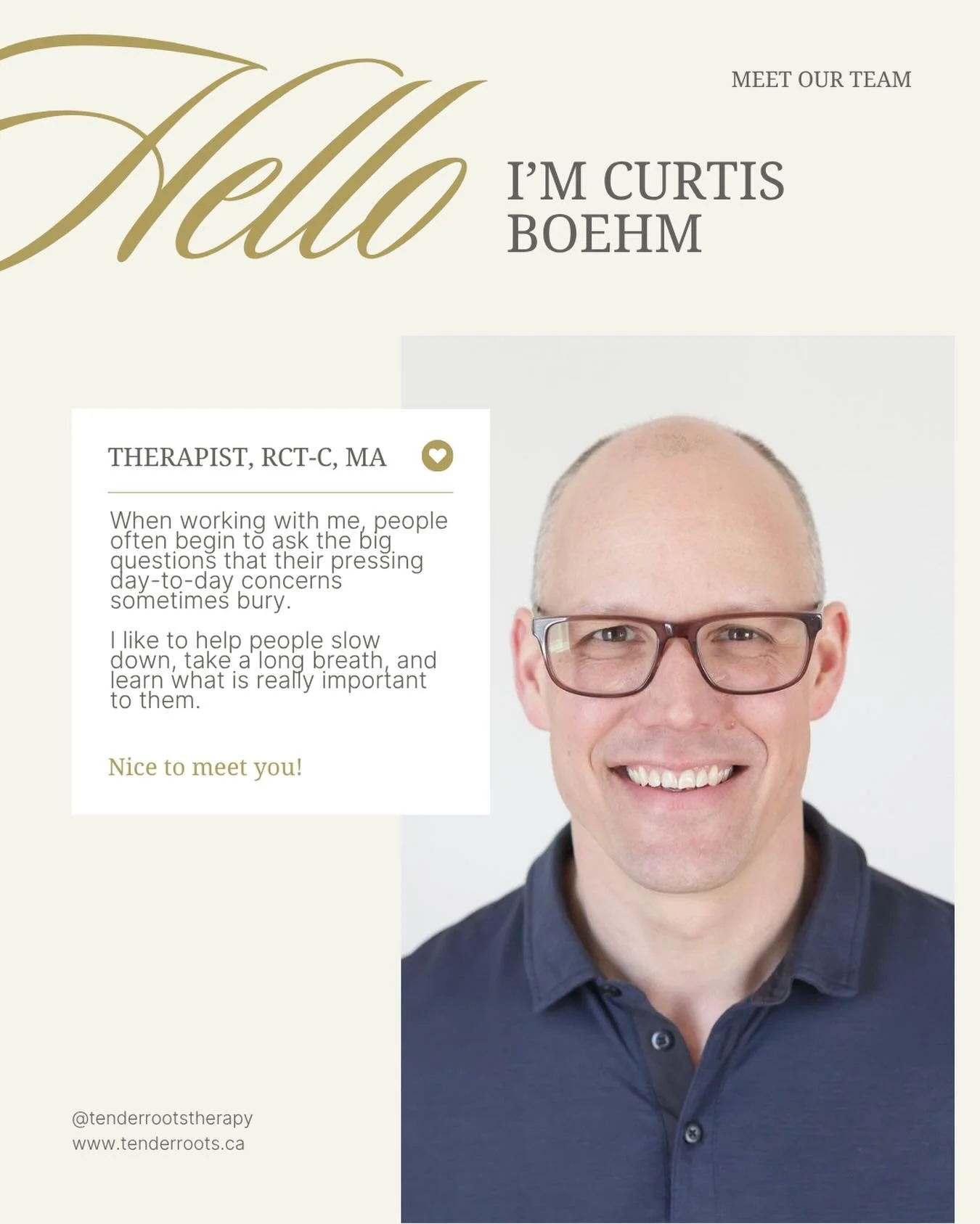 Meet Curtis Boehm 🌿

Curtis brings a calm, grounded presence to therapy, helping clients slow down and reconnect with what truly matters to them. Curtis likes to explore the deeper existential questions in life and will help you find meaning and rec