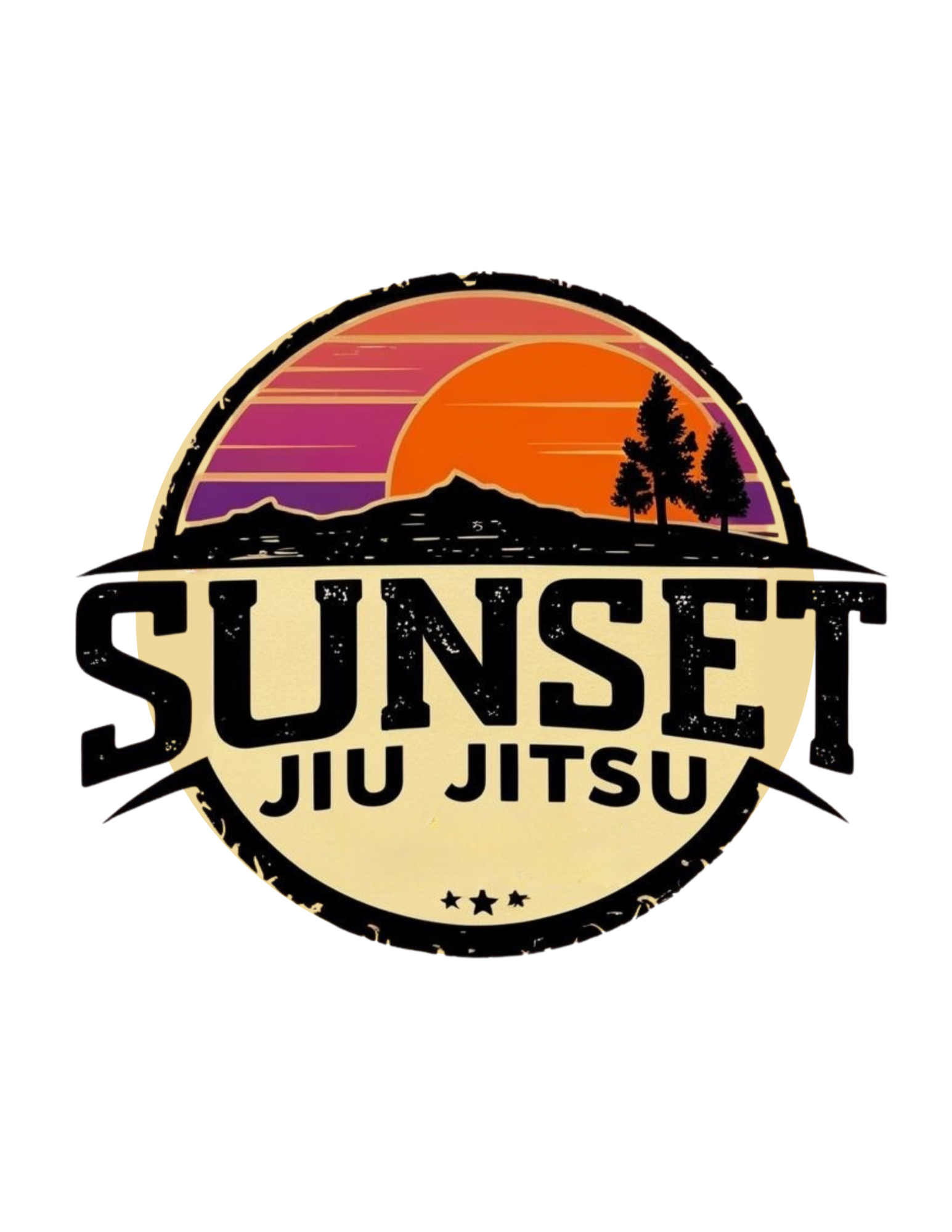Logo for Sunset Jiu Jitsu featuring a stylized sunset with orange, pink, and purple colors, silhouetted mountains and trees, and the text 'Sunset Jiu Jitsu' in bold black letters.