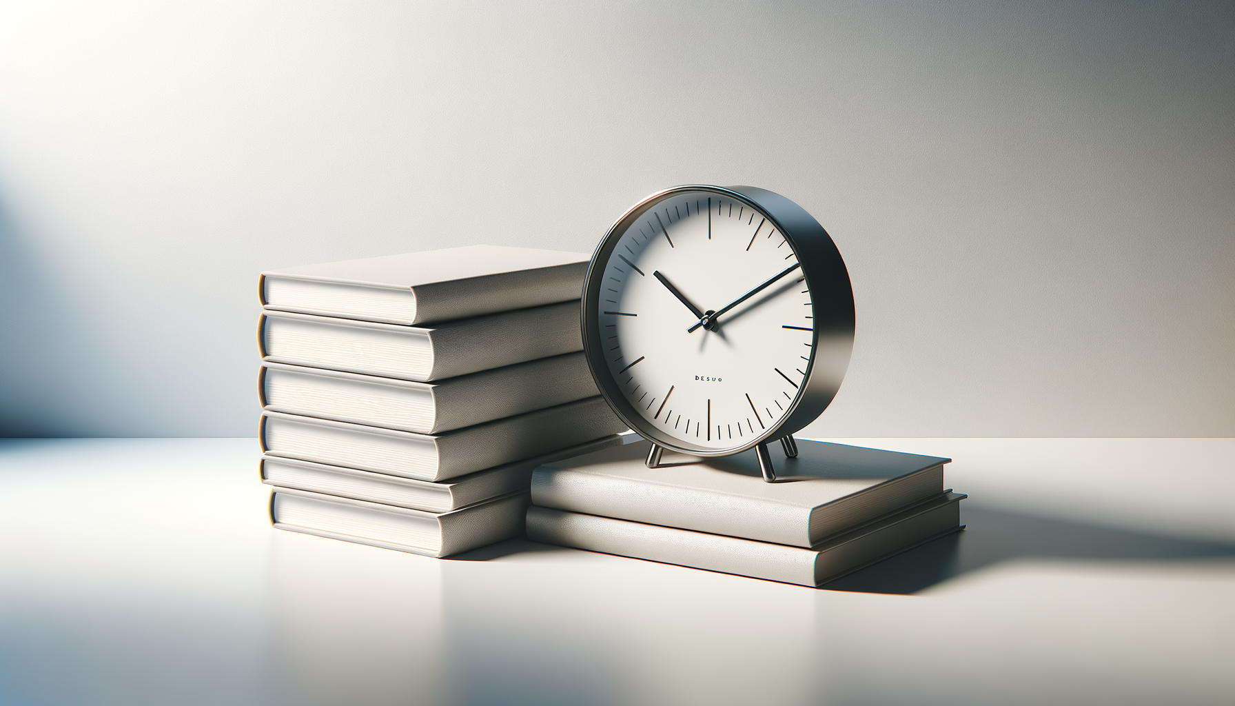 An analog clock showing approximately 10:08, placed on top of a white book, with a stack of six additional white books beside it, on a white surface with a plain background.