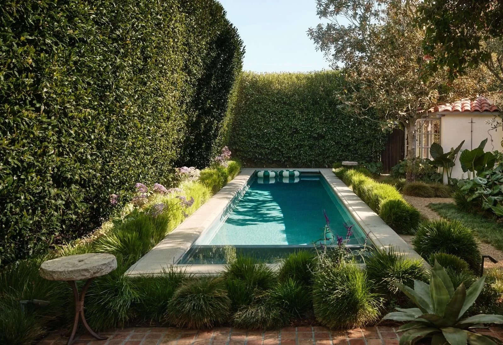 A cozy backyard with a rectangular swimming pool surrounded by lush green bushes and plants, with a white house with a red-tiled roof on the right side.