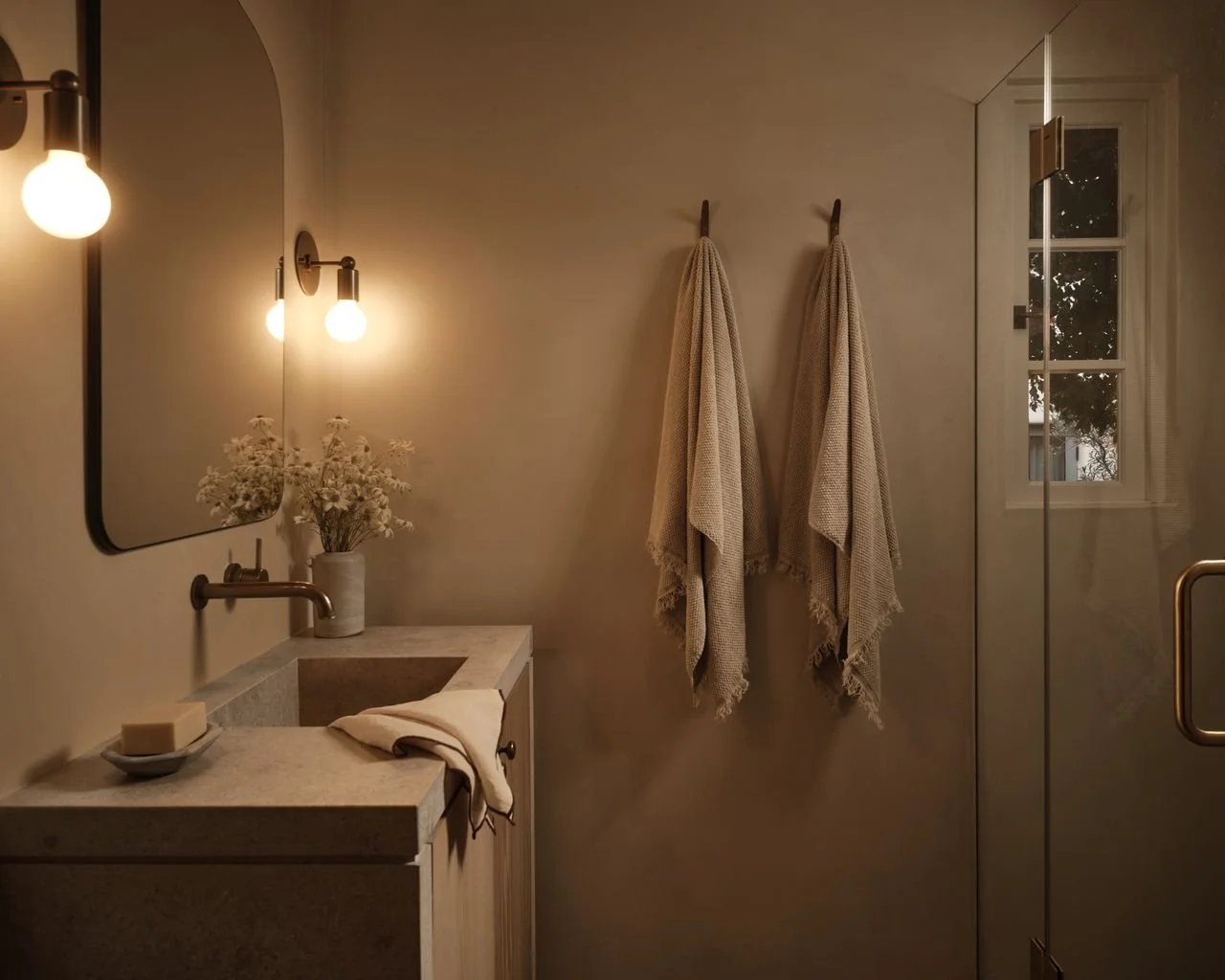 A warm-lit bathroom featuring a beigestone sink with a beige cloth on the counter, two beige towels hanging on hooks, a mirror with lights, a vase with white flowers, and a window with a view of trees outside.