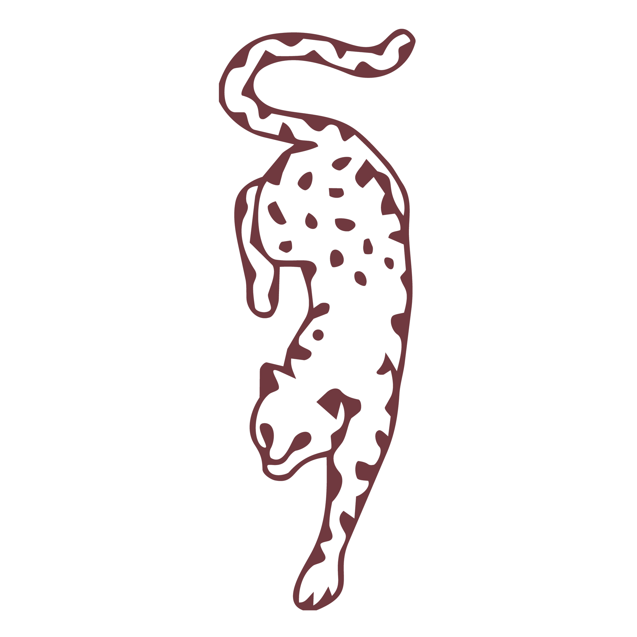 An artistic illustration of a cat with a spotted pattern on a black background.