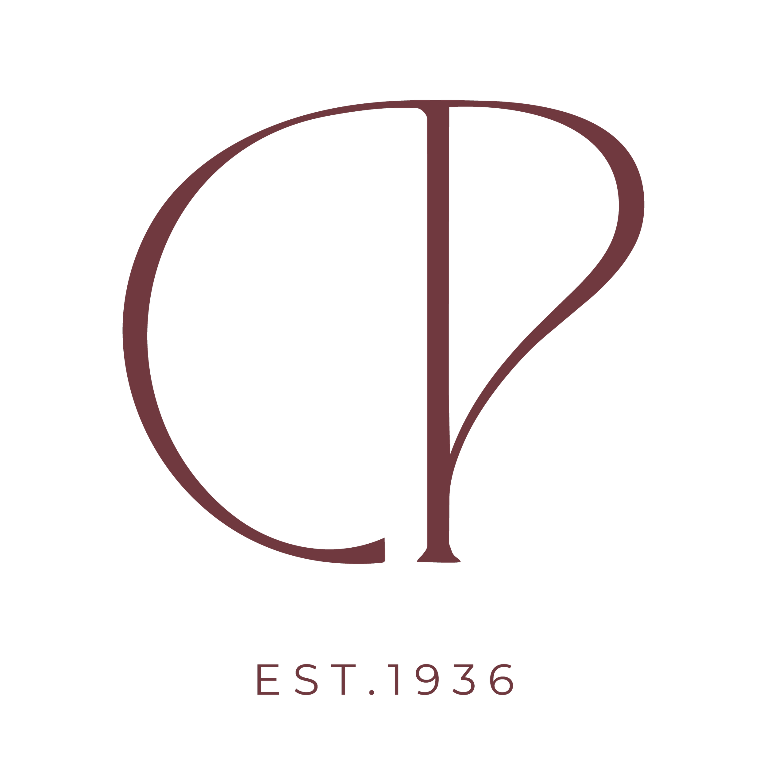 Elegant monogram logo with a stylized 'CP' in dark red, with 'EST. 1936' written below on a black background.