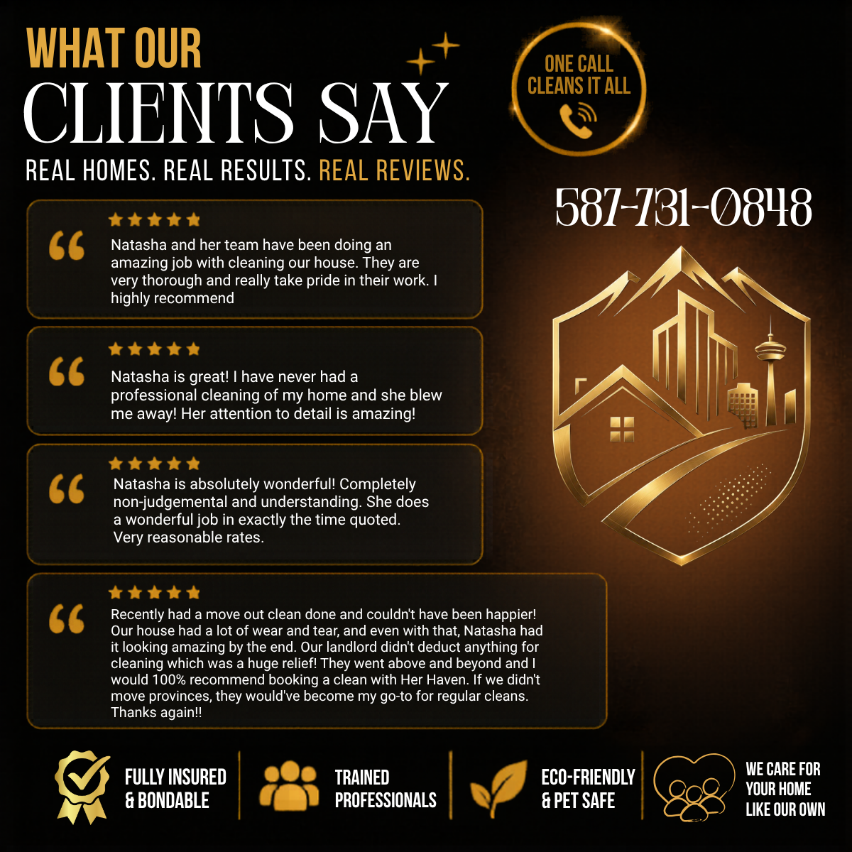 Flyer for Her Haven cleaning service featuring client reviews, contact number, logo with city skyline and mountain, and icons indicating insurance, trained professionals, eco-friendly and pet safe products, and home care commitment.