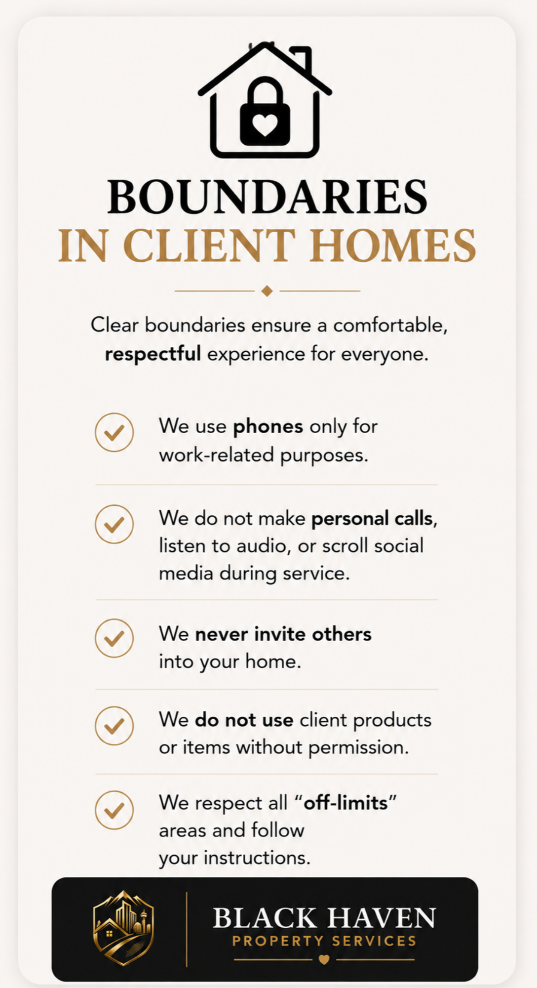 Information poster about boundaries in client homes by Black Haven Property Services, including guidelines on phone use and social media.