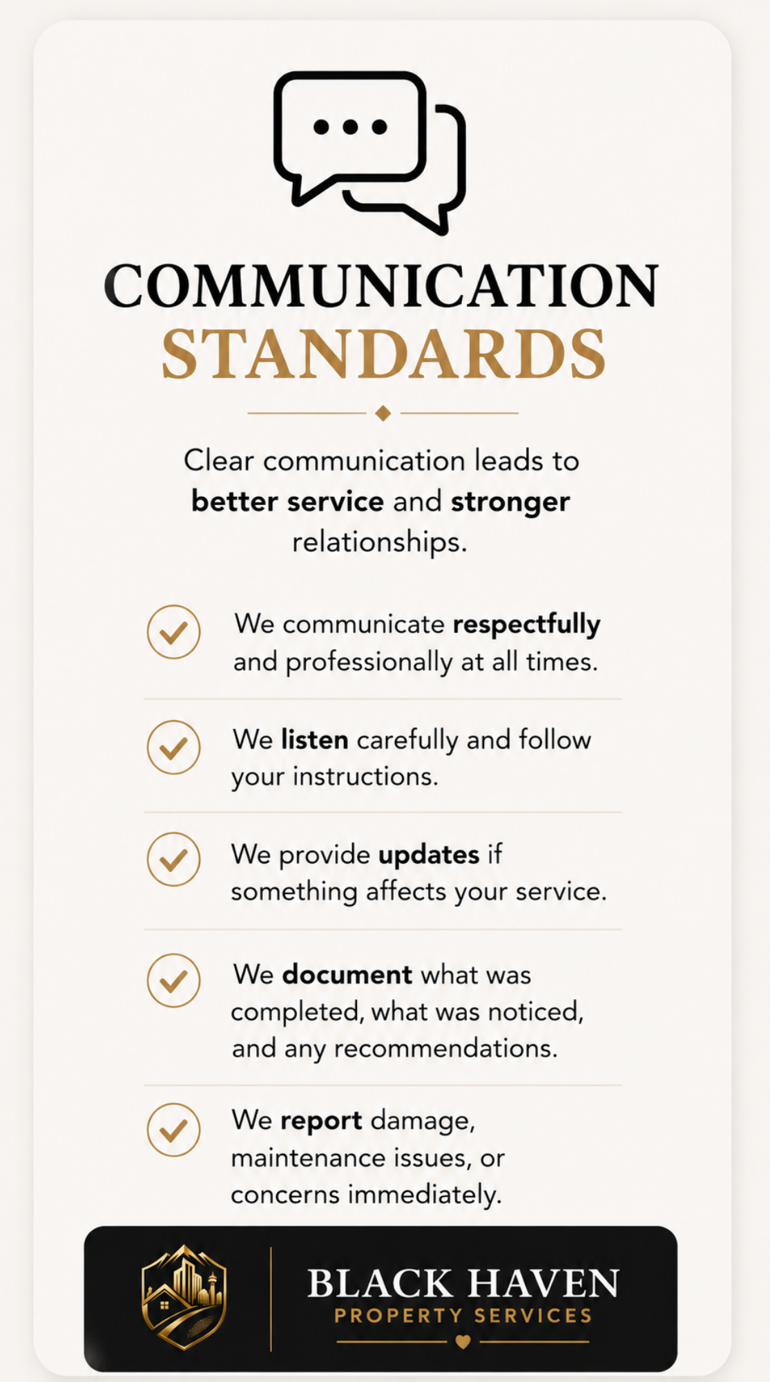 A digital poster outlining communication standards for Black Haven Property Services, emphasizing respectful, attentive, and updated communication practices.