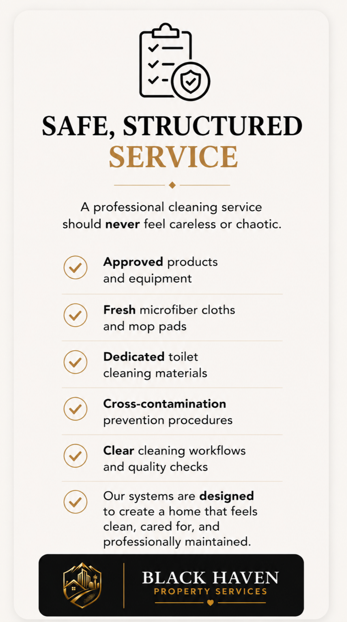 Promotional flyer for Black Haven Property Services emphasizing safe, structured cleaning service, including approved products, microfiber cloths, dedicated toilet cleaning, cross-contamination prevention, and quality workflows.