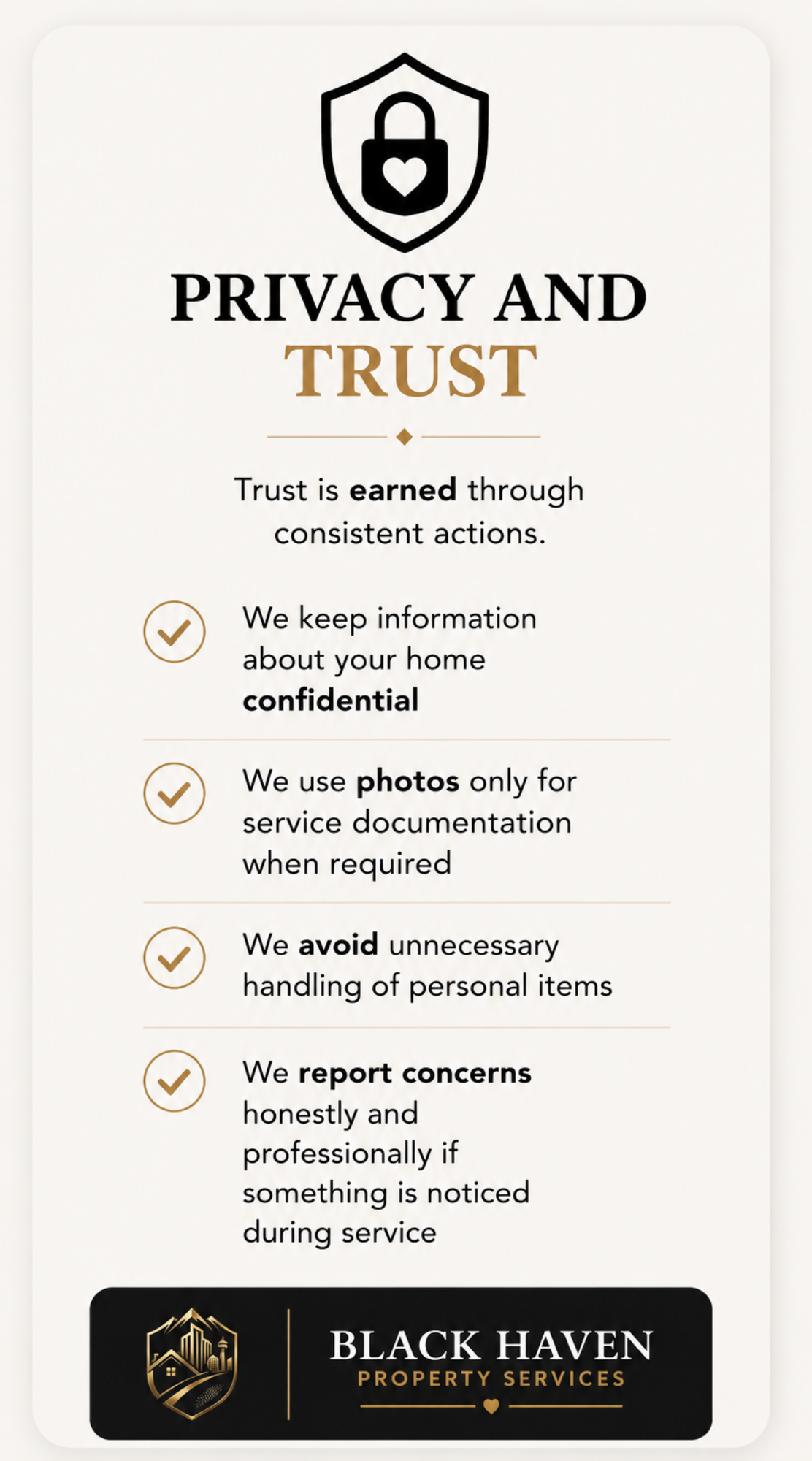 A privacy and trust policy from Black Haven Property Services, emphasizing confidentiality, proper handling of information, and professional communication.