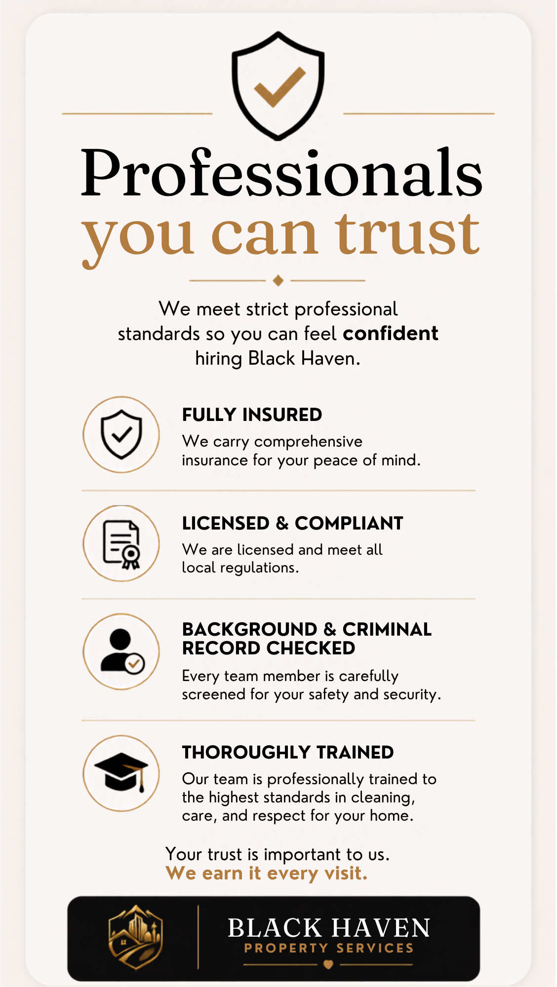 A promotional flyer for Black Haven Property Services highlighting qualities like insured, licensed, background-checked, and well-trained staff.