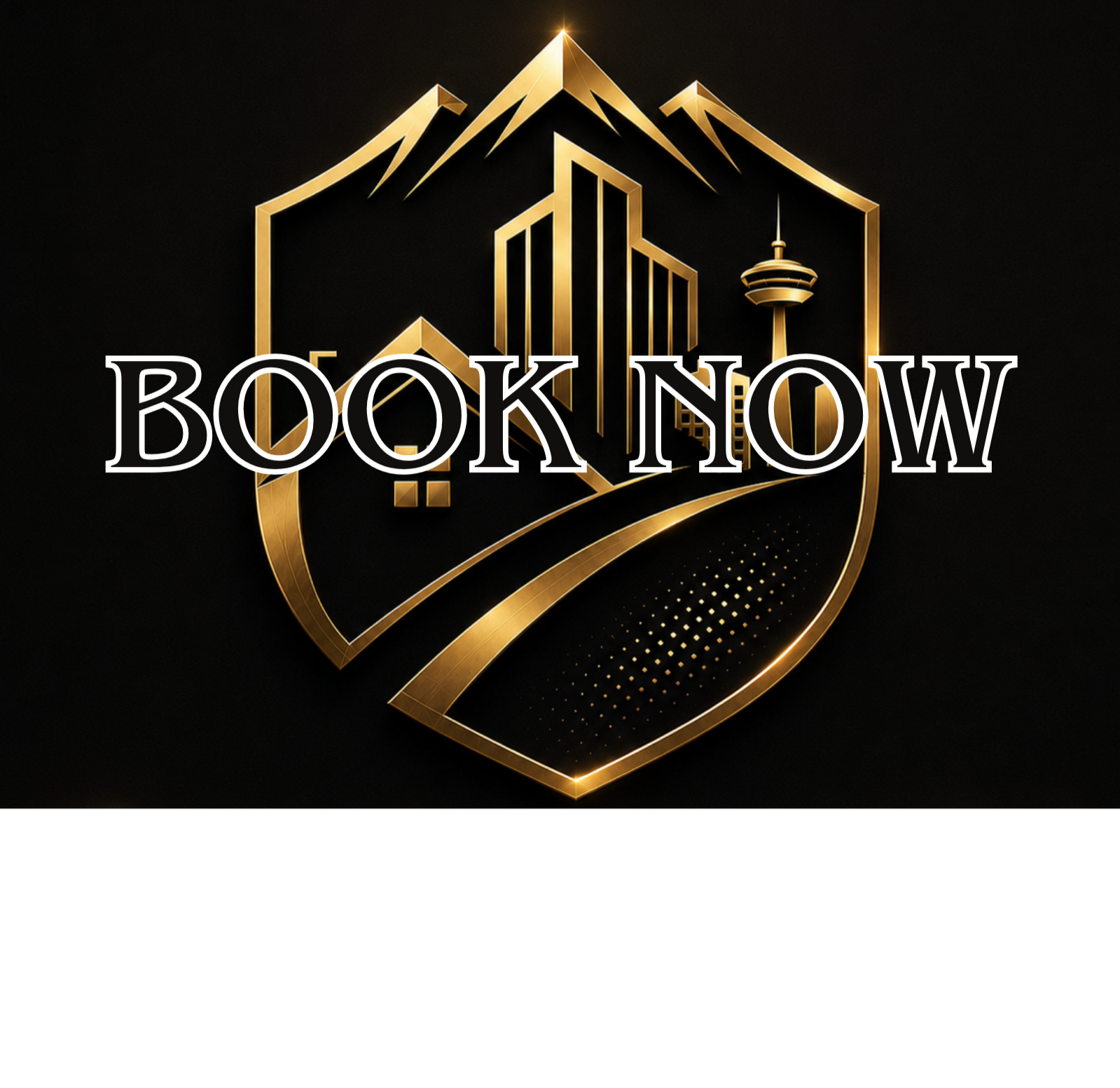 A gold shield emblem featuring a city skyline with tall buildings and a tower, with a mountain outline above and a curved stripe below, against a black background, with the words 'BOOK NOW' in white over the image.