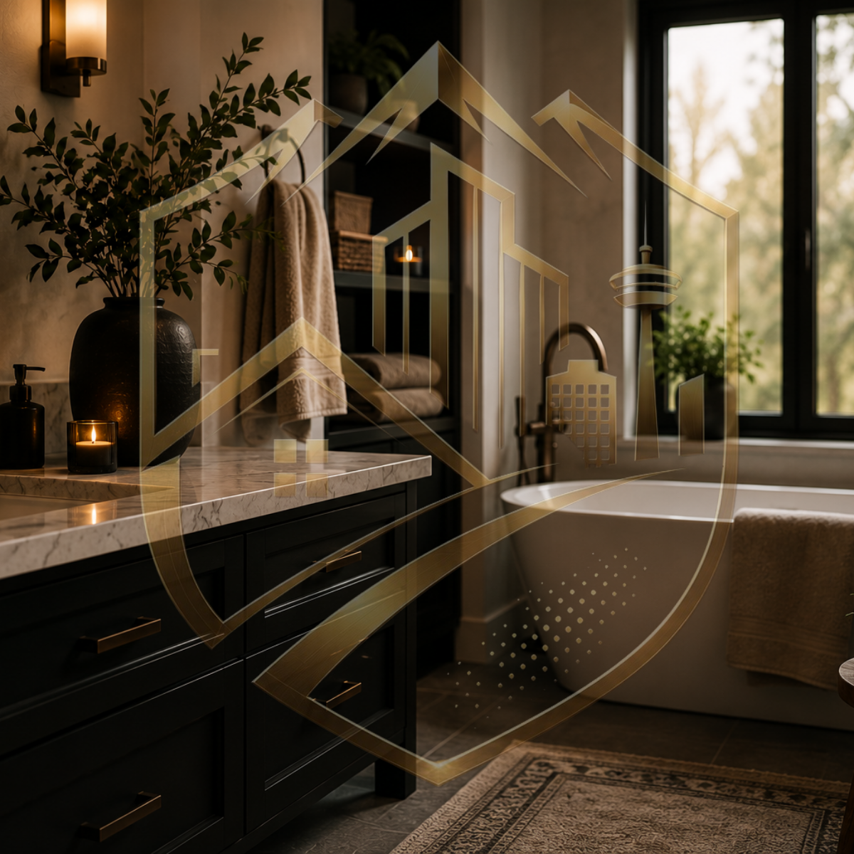 A cozy bathroom with a black vanity, candles, a large plant, a bathtub, a window with greenery outside, and warm lighting.