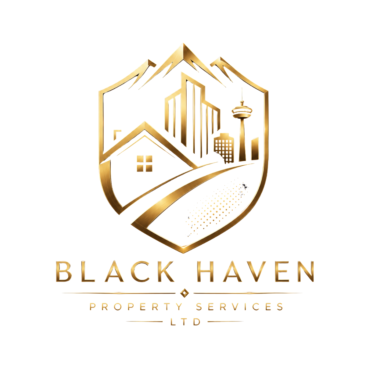 A stylized logo with golden city buildings, a house, and a shield, featuring the text 'Black Haven Property Services' in gold and red.