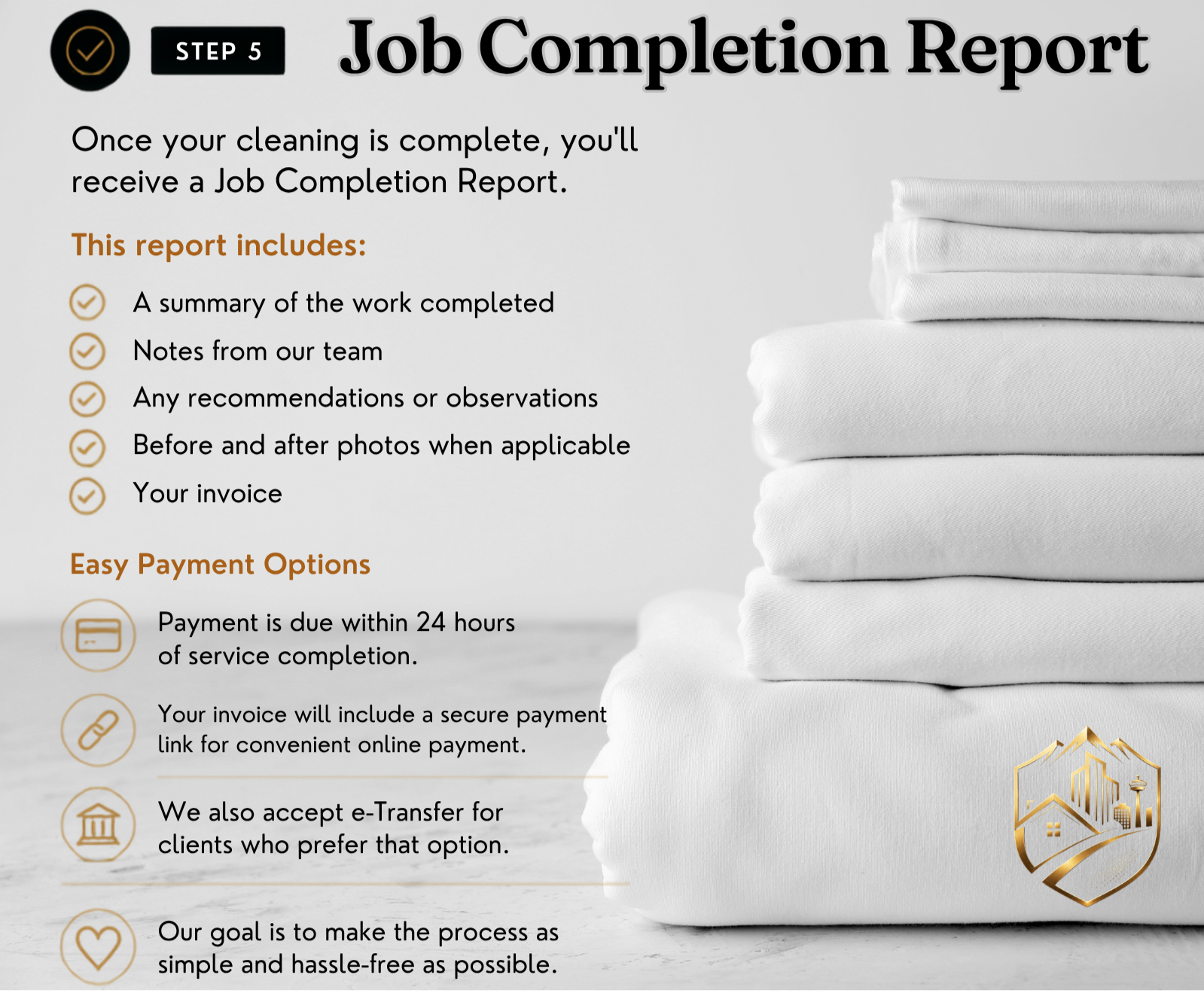 A step-by-step cleaning service report on a digital screen, showing step 5: Job Completion Report, with a stack of white folded towels and a gold house logo on the right side.