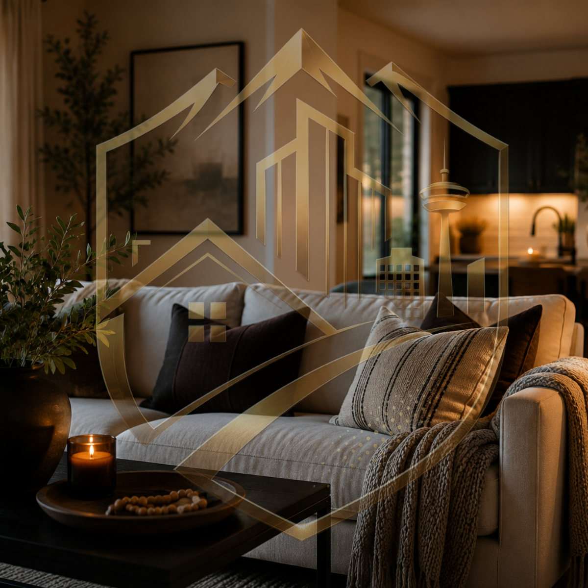 Cozy living room with beige sofa, dark pillows, striped throw blanket, potted plant, candle, and modern kitchen in background.