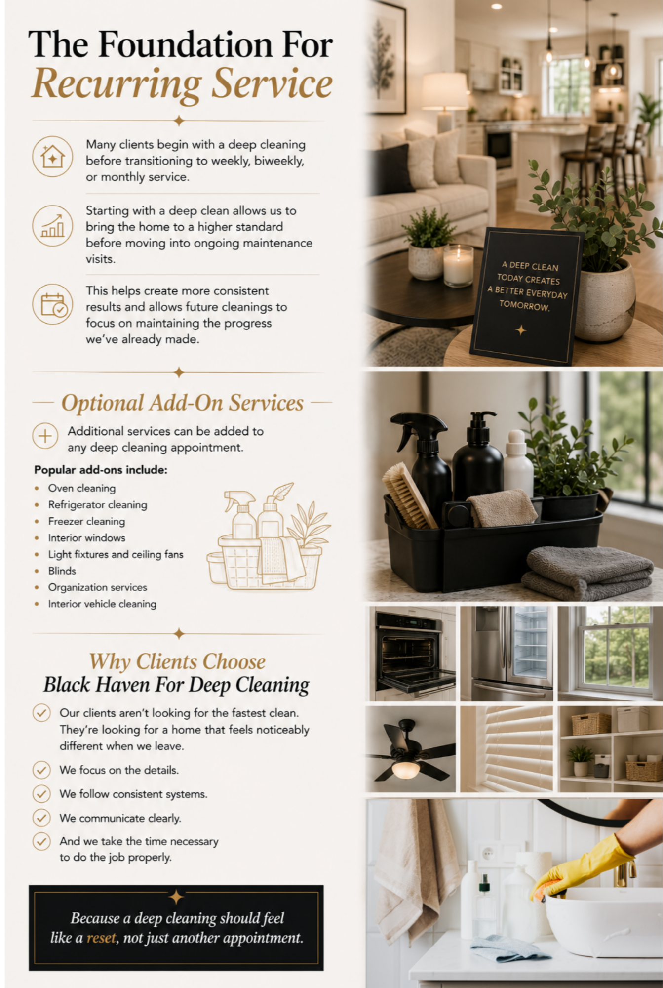 A flyer for a deep cleaning service featuring a list of benefits, optional add-on services, and images of a clean living room, kitchen, and bathroom with cleaning supplies.