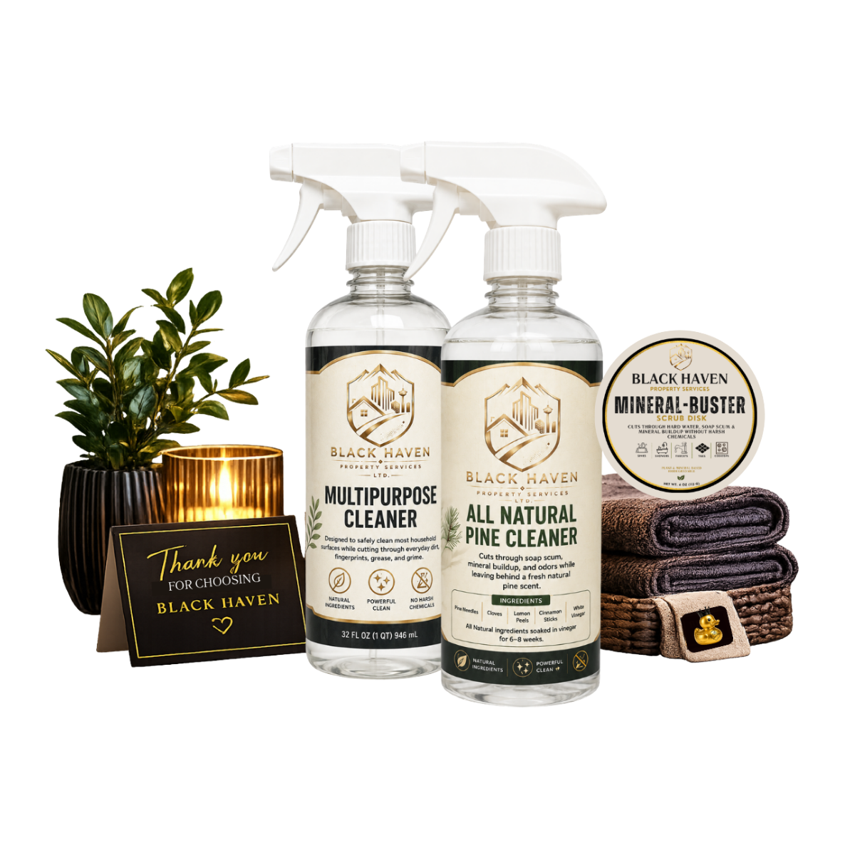 Arrangement of cleaning products and decor items, including two spray bottles labeled 'Multipurpose Cleaner' and 'All Natural Pine Cleaner', a round container labeled 'Mineral-Buster Scrub Disk', a small 'Thank You' card, a potted plant, a gold candle holder with a lit candle, a stack of folded towels, and a small duck figurine.