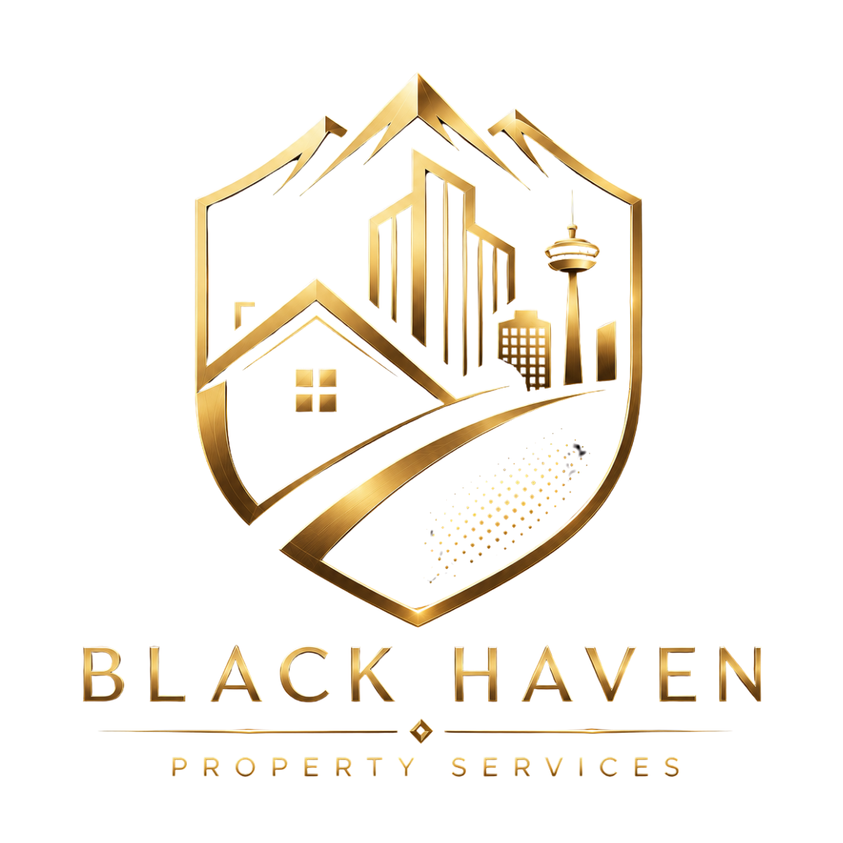A metallic, gold-colored emblem featuring a cityscape with skyscrapers and a bridge, accompanied by the text 'Black Haven Property Services' in gold lettering.