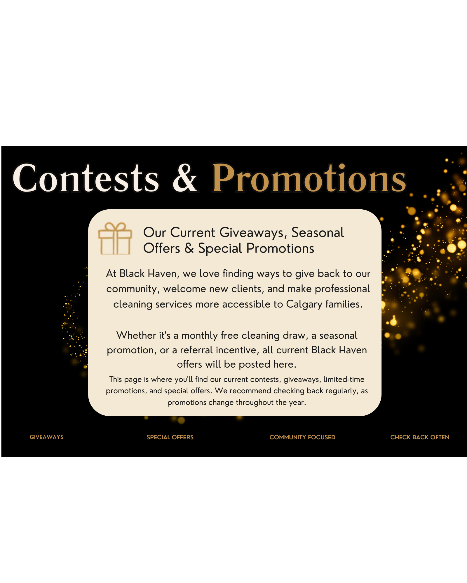 A promotional webpage for a business named Black Haven, advertising contests, giveaways, and special offers with a black background and gold accents. Includes a beige info box about their current promotions and a footer with navigation links.
