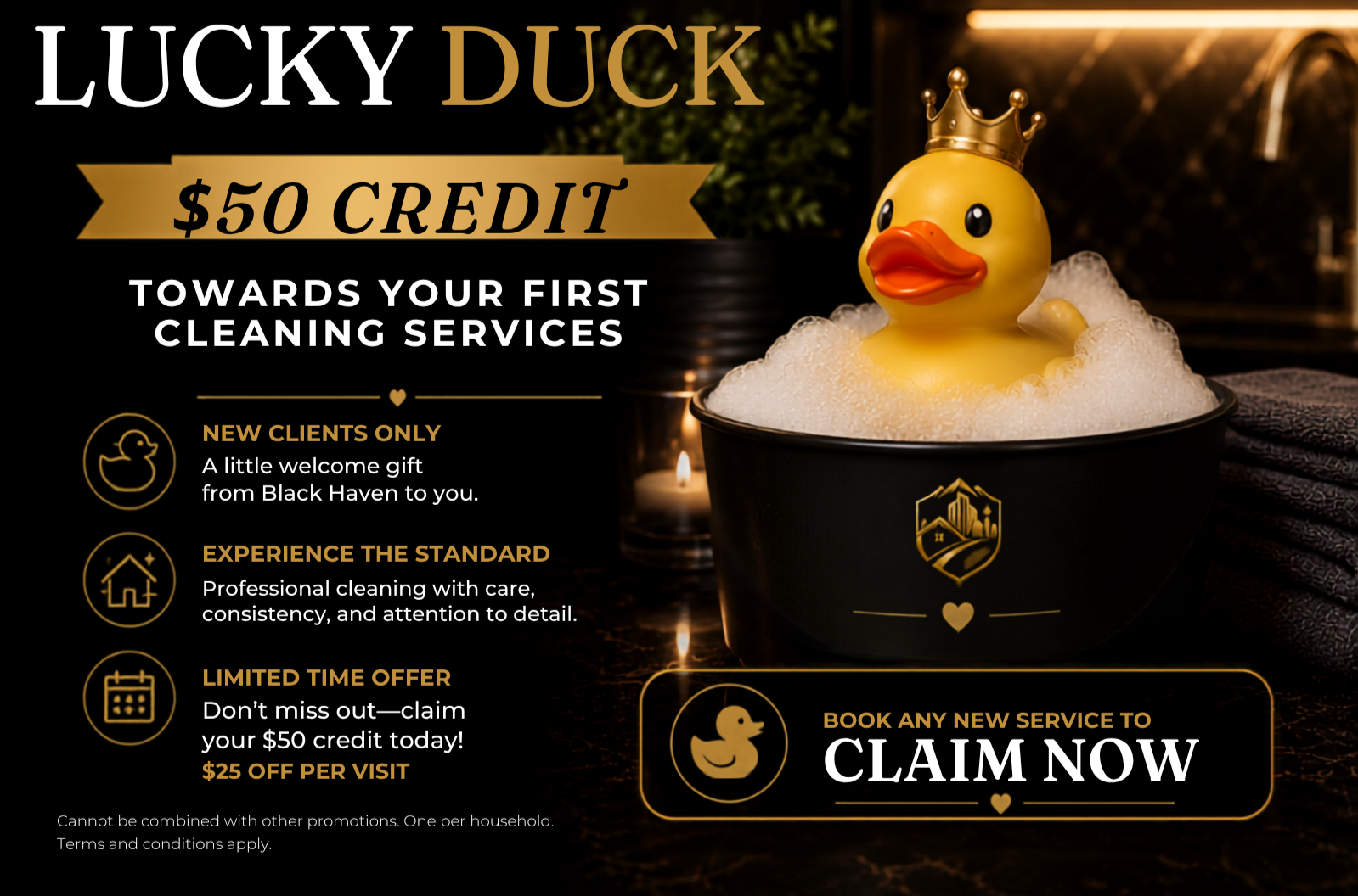Promotional flyer for a cleaning service offering a $50 credit for first-time clients. Features a rubber duck with a crown in a bubble bath on the right side, and text details on discounts and offers on the left, set against a dark, luxurious background with candles and towels.