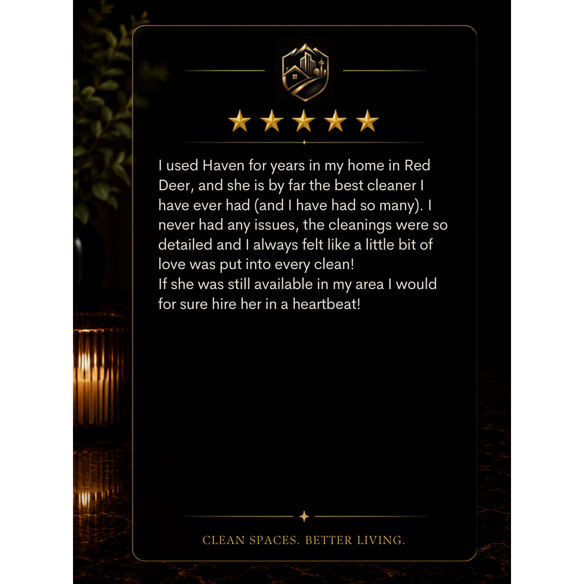 Customer review of a cleaning service, five-star rating, praising the service as the best cleaner they've had, expressing willingness to hire again.