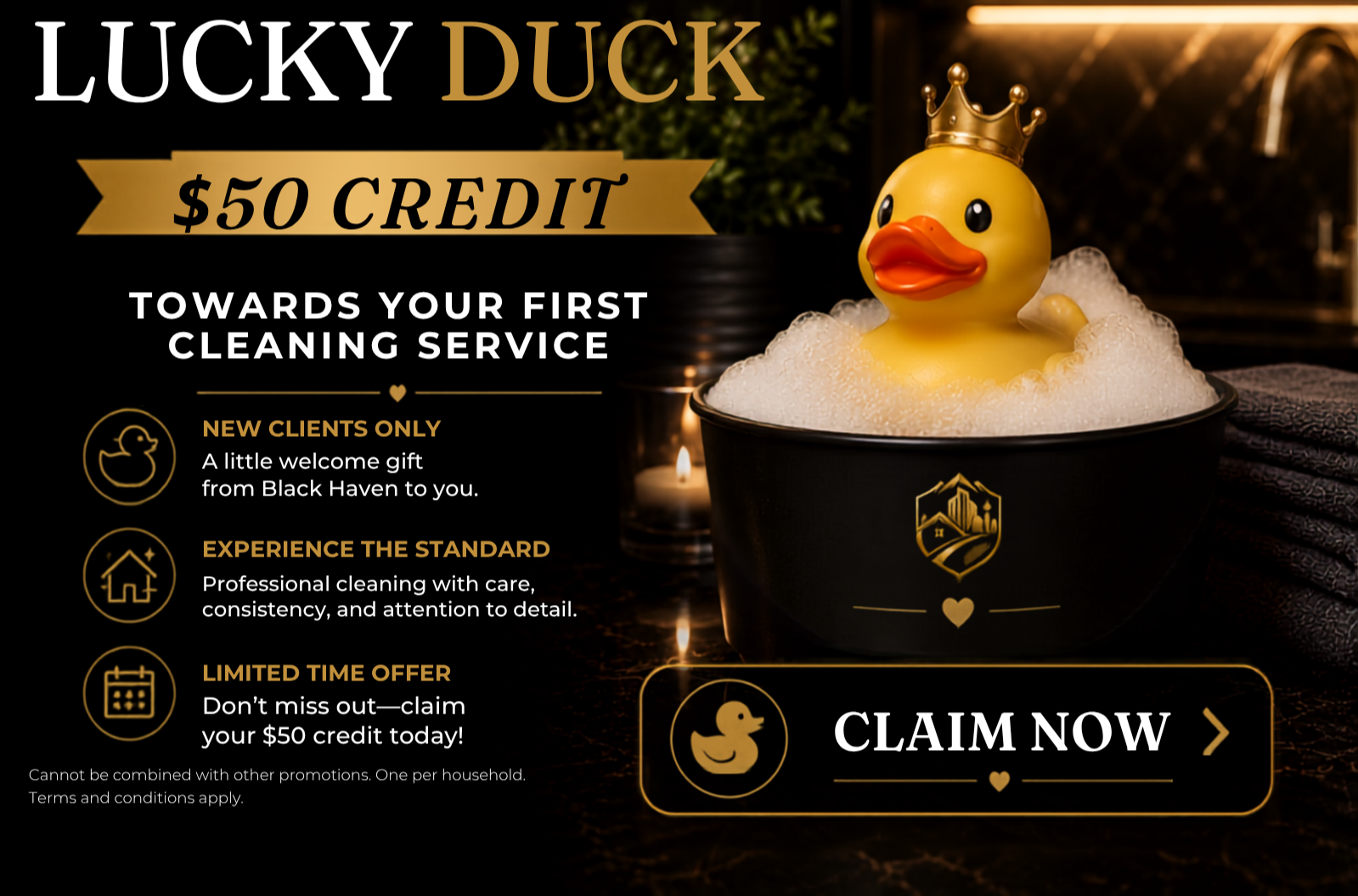 A promotional offer for a cleaning service featuring a rubber duck with a crown in a bubble bath, with text about a $50 credit for new clients and details of the service offer.