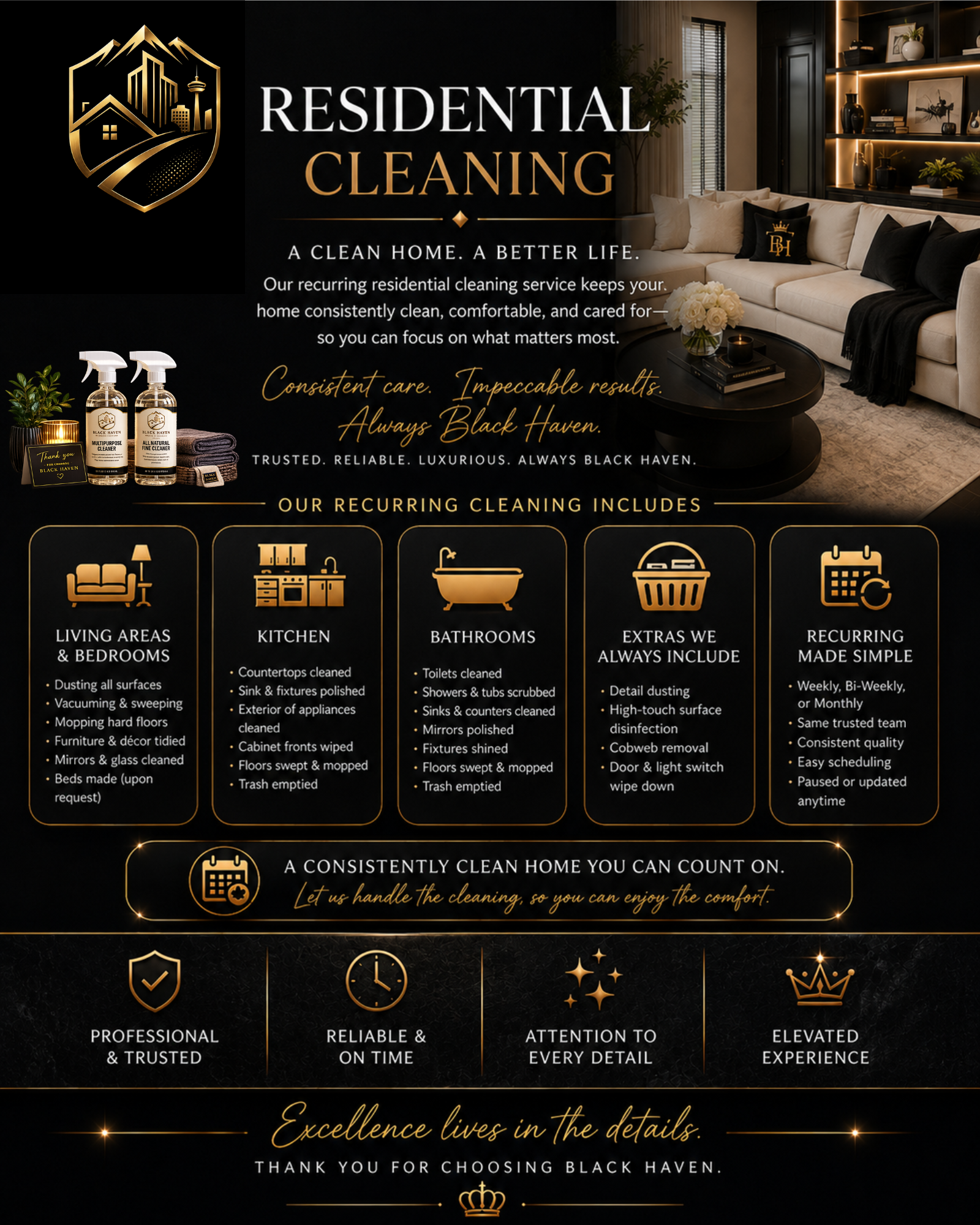 A promotional flyer for Black Haven residential cleaning service, featuring a logo with a cityscape, a cozy living room with a couch, decorative shelves, and cleaning supplies, highlighting benefits like professional, trusted, reliable, and luxurious home cleaning.