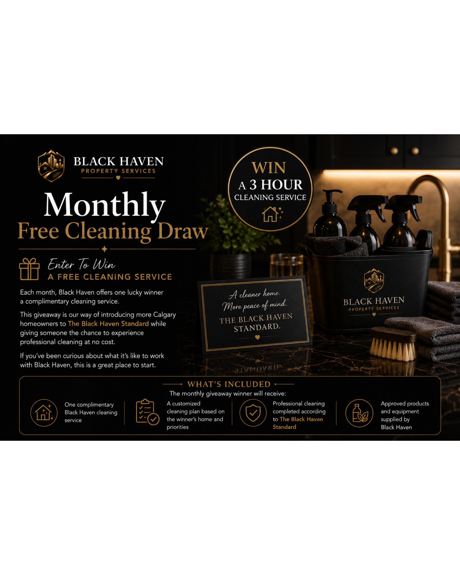 Promotional graphic for Black Haven Property Services' monthly free cleaning draw, highlighting a chance to win a three-hour cleaning service, with details about the contest and services offered, set against a dark, modern kitchen background.