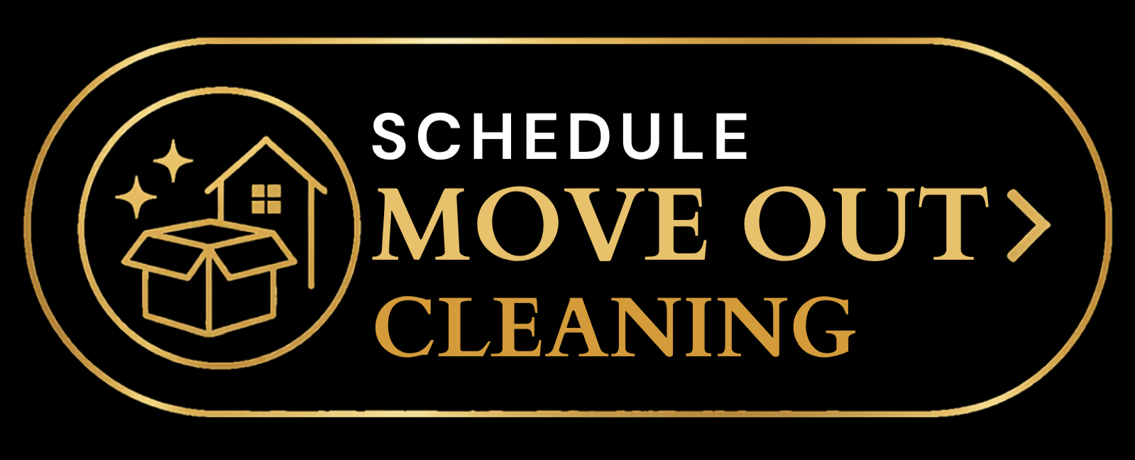 Announcement for scheduling move out cleaning with a house, moving box, and sparkle icons in a black and gold design.