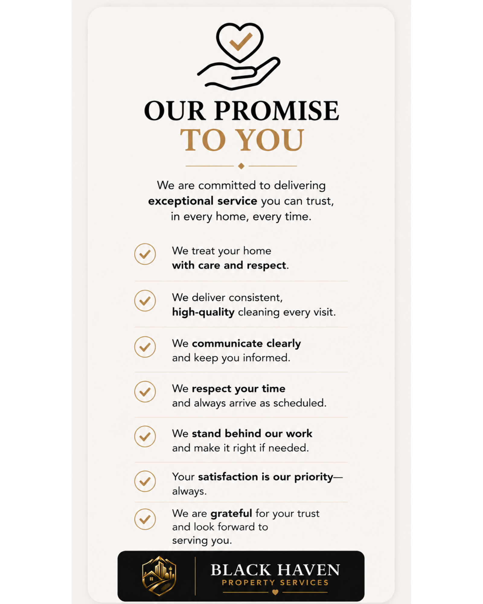 A promotional flyer for Black Haven Property Services outlining their promises to customers, including providing exceptional service, respectful treatment, high-quality cleaning, clear communication, punctuality, trust, and gratitude for customer sup