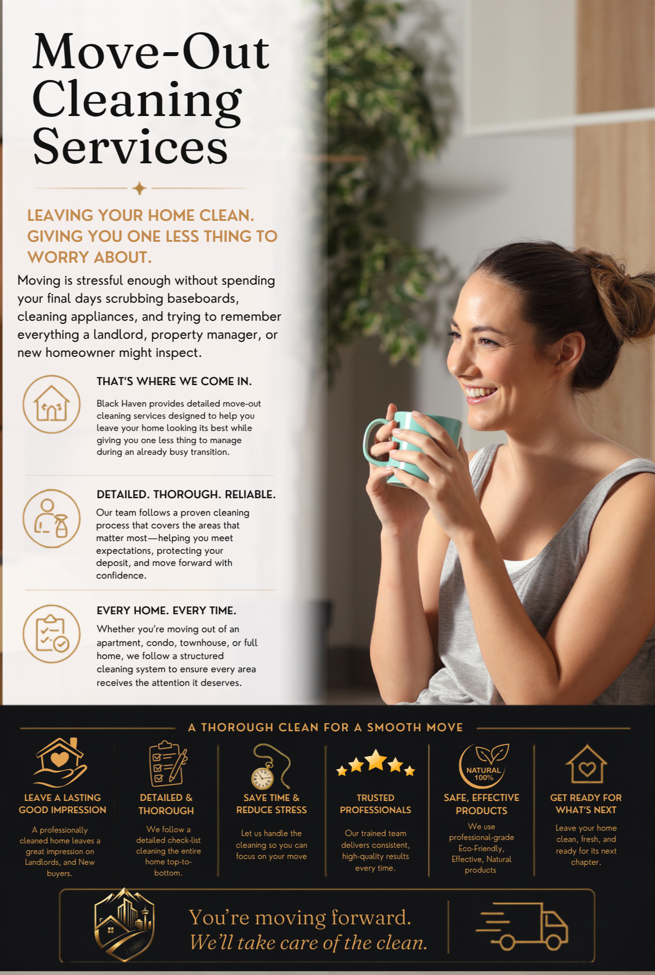 Flyer for Move-Out Cleaning Services featuring a woman smiling and holding a mug, with sections detailing the company's cleaning process, benefits, and eco-friendly products, with icons and headings about cleaning advantages.
