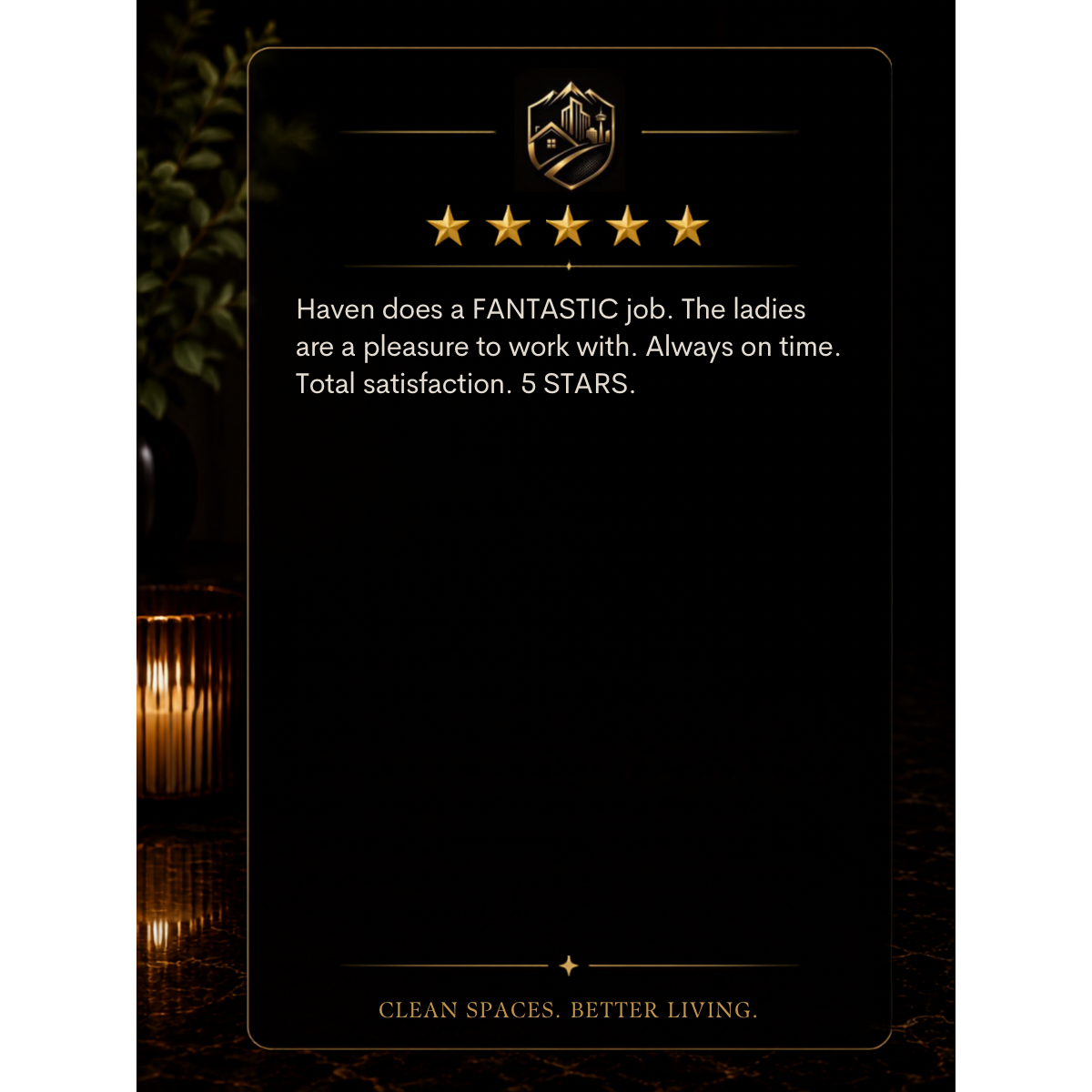 A five-star review for Haven, praising the ladies for doing a fantastic job, being punctual, and providing a satisfying experience with a note about clean spaces and better living.