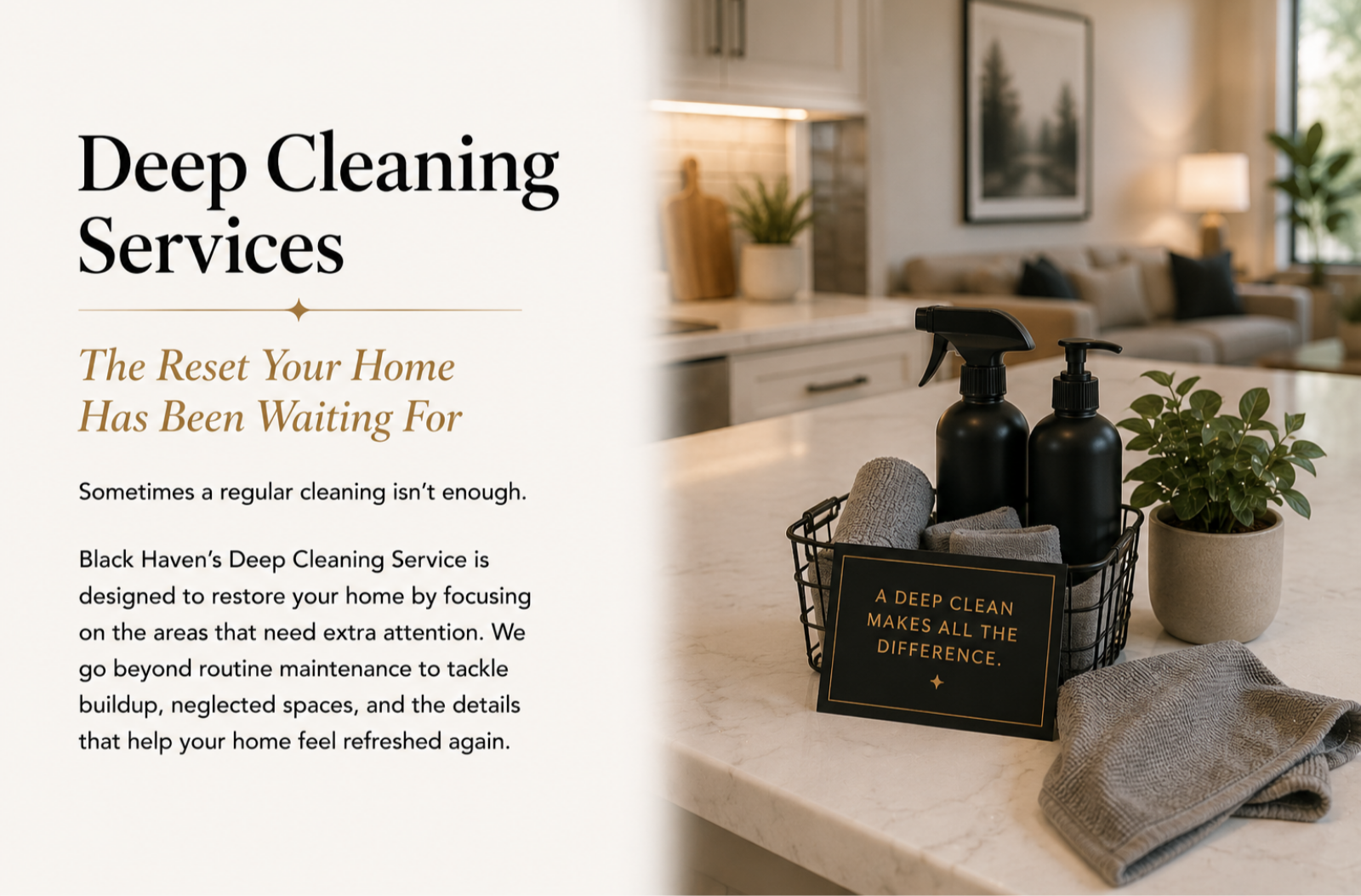 A promotional image for deep cleaning services with a kitchen background. The left side contains text about the cleaning services, and the right side shows cleaning supplies, a potted plant, and a cozy living room.