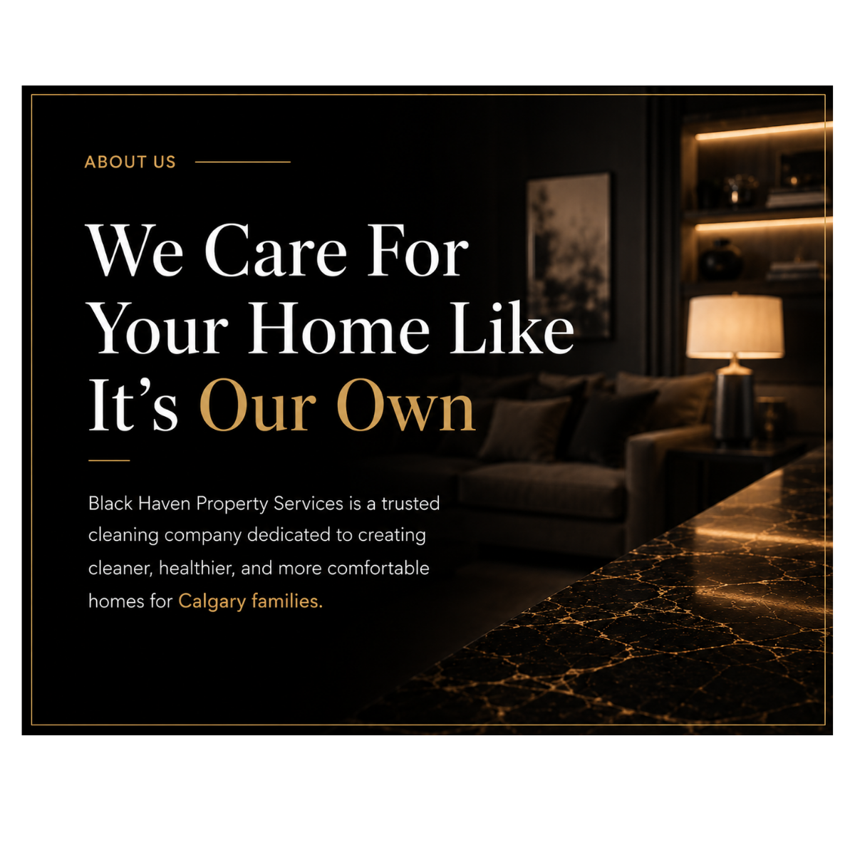 A promotional webpage for Black Haven Property Services with a dark background, white and gold text, and a living room scene featuring a sofa, a lamp, and shelving with decorative items.