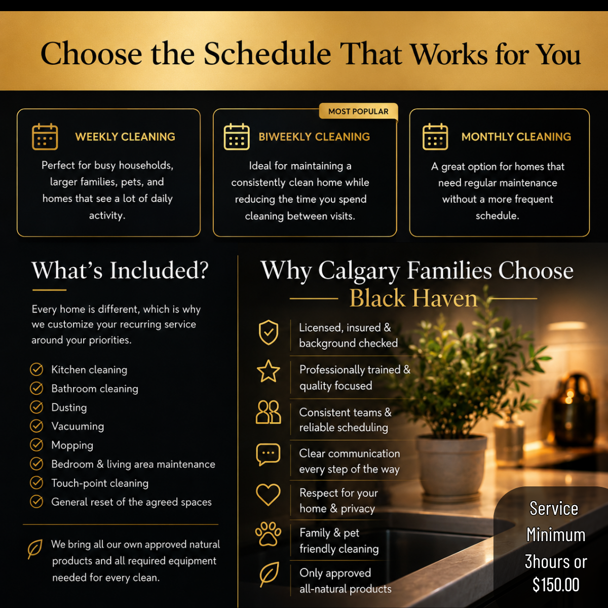 An infographic titled 'Choose the Schedule That Works for You' displaying cleaning service options: weekly, biweekly, and monthly cleaning. The infographic highlights features like what's included, reasons to choose the service, and benefits. A section on the bottom right mentions a service minimum of 3 hours or $150. The background shows a blurred image of a potted plant and a lamp on a countertop.