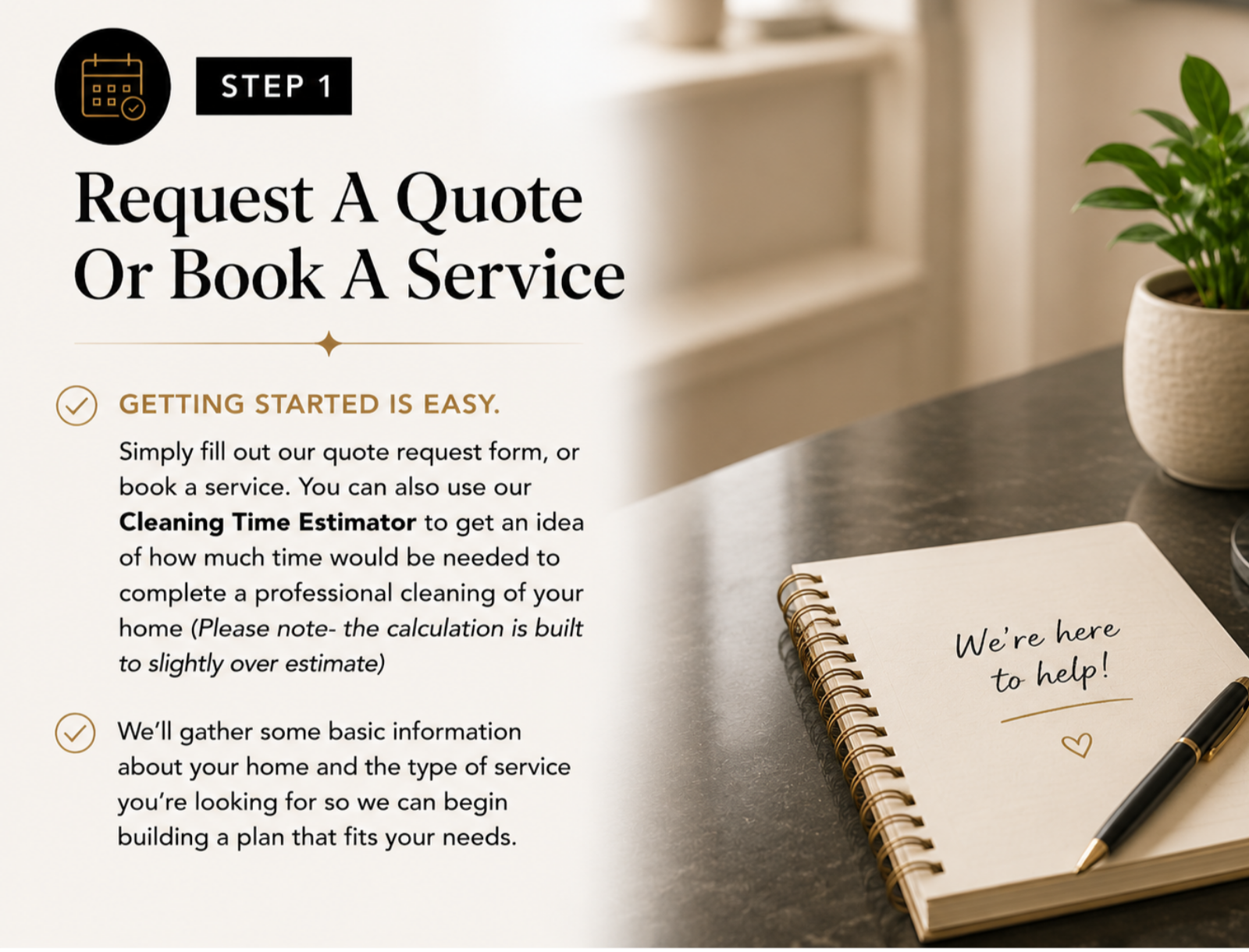 A webpage showing step 1 of a process to request a quote or book a service, with a title, icon, and instructions. The background includes a potted plant and a notebook with a pen on a desk.