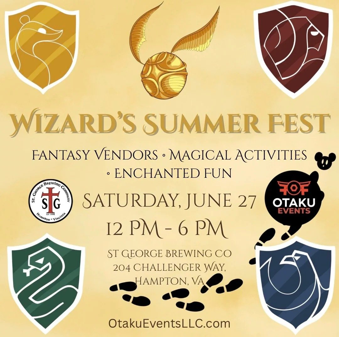 An event poster for Wizard's Summer Fest featuring fantasy vendors, magical activities, and enchanted fun. The event takes place on Saturday, June 27, from 12 PM to 6 PM at St. George Brewing Co., 204 Challenger Way, Hampton, VA. Contains various fantasy-themed emblems and logos.