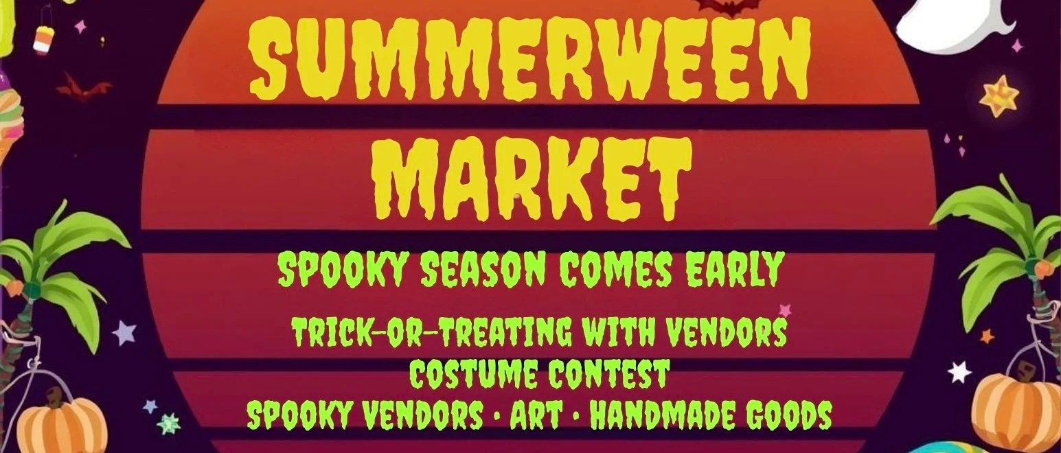A colorful Halloween-themed poster for Summerween Market featuring a dark background with stars, pumpkins, and palm trees, and bright yellow and green text advertising spooky season events.