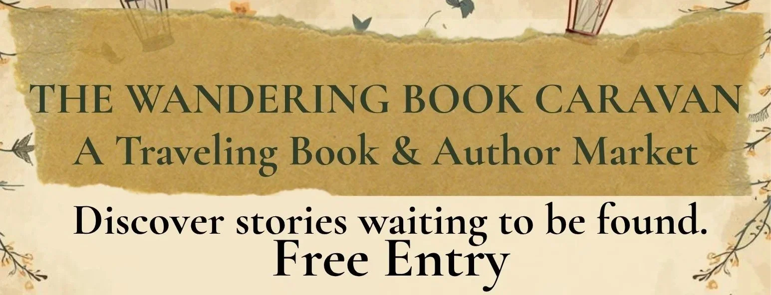 Sign advertising the Wandering Book Caravan, a traveling book and author market, with the message "Discover stories waiting to be found. Free Entry."