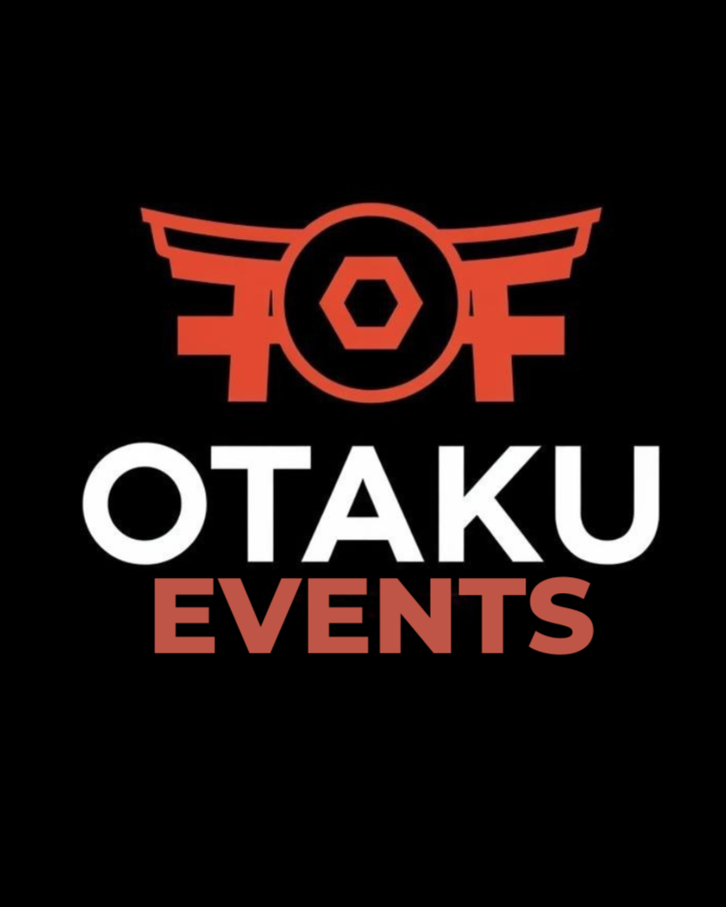 Logo with stylized red wings and a gear shape in the center, with the text 'OTAKU EVENTS' below, on a black background.