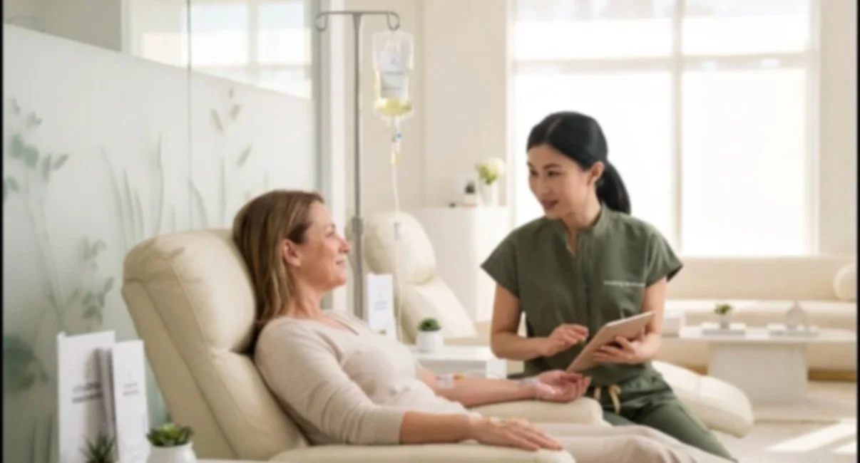 An IV drip filled in a medical setting with two blurred women sitting in chairs in the background.