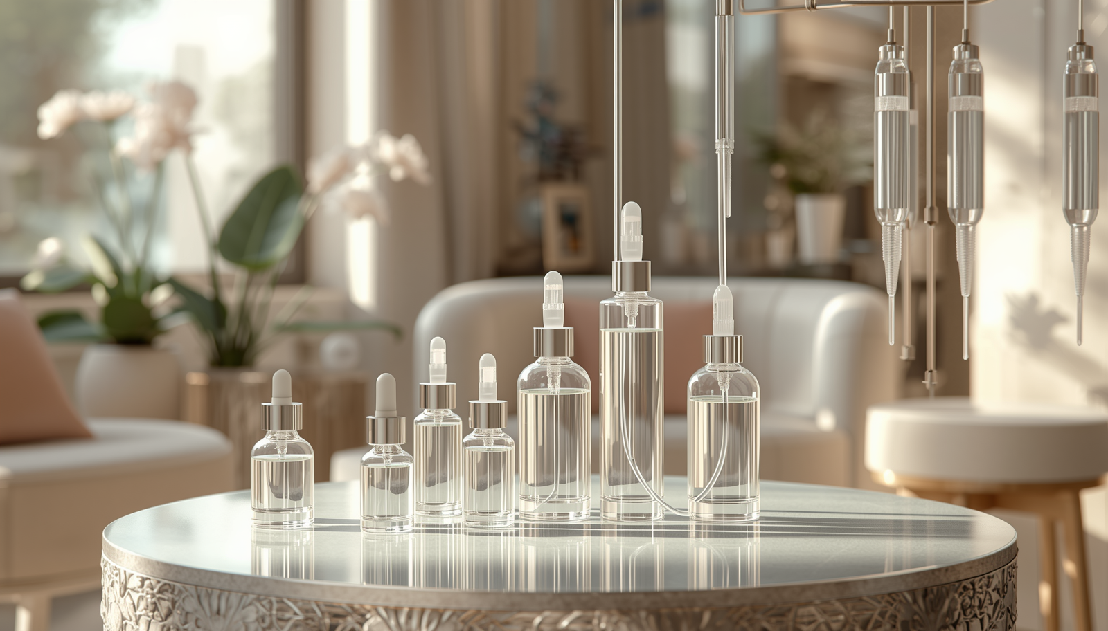 Several glass dropper bottles of various sizes with droppers on a decorative round table in a well-lit room, with a background of blurred houseplants and furniture.