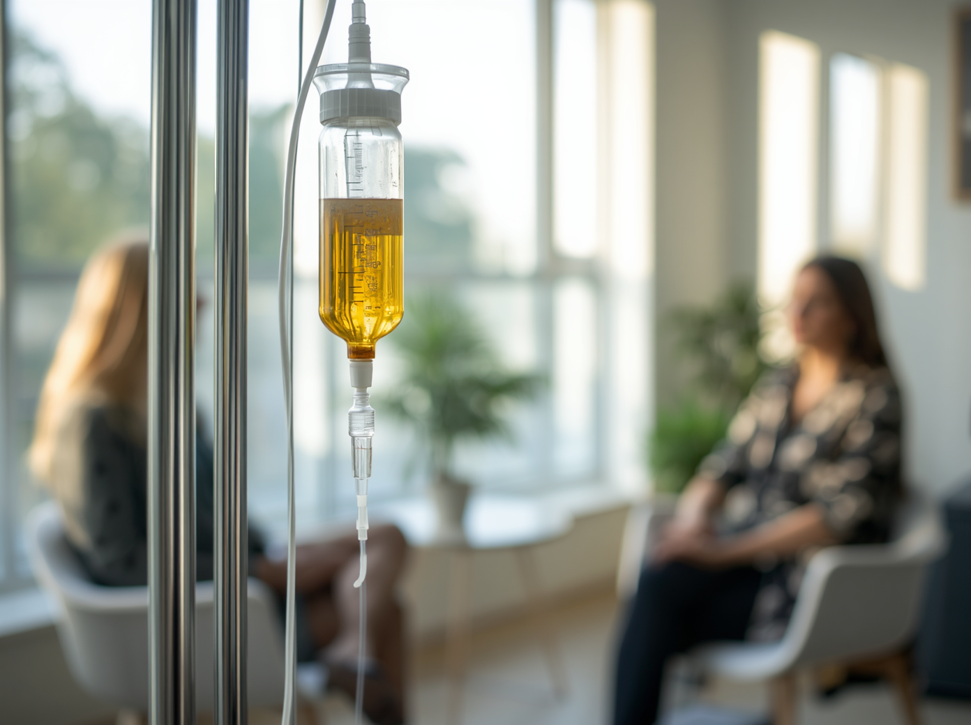 An IV drip filled in a medical setting with two blurred women sitting in chairs in the background.