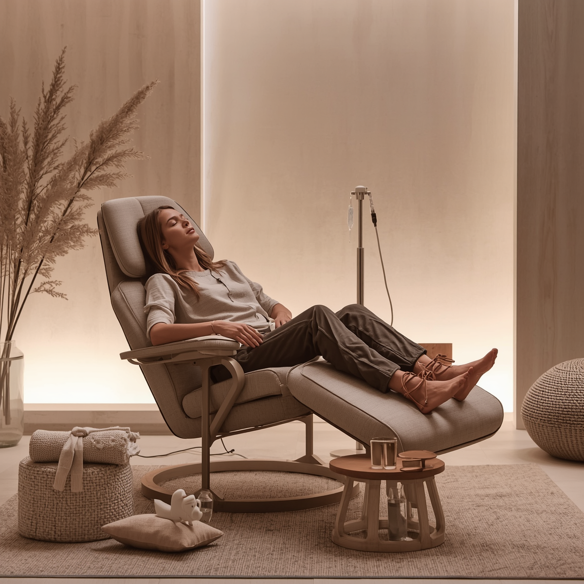 A woman relaxing on a recliner chair in a calming, softly lit room, with an IV drip nearby.