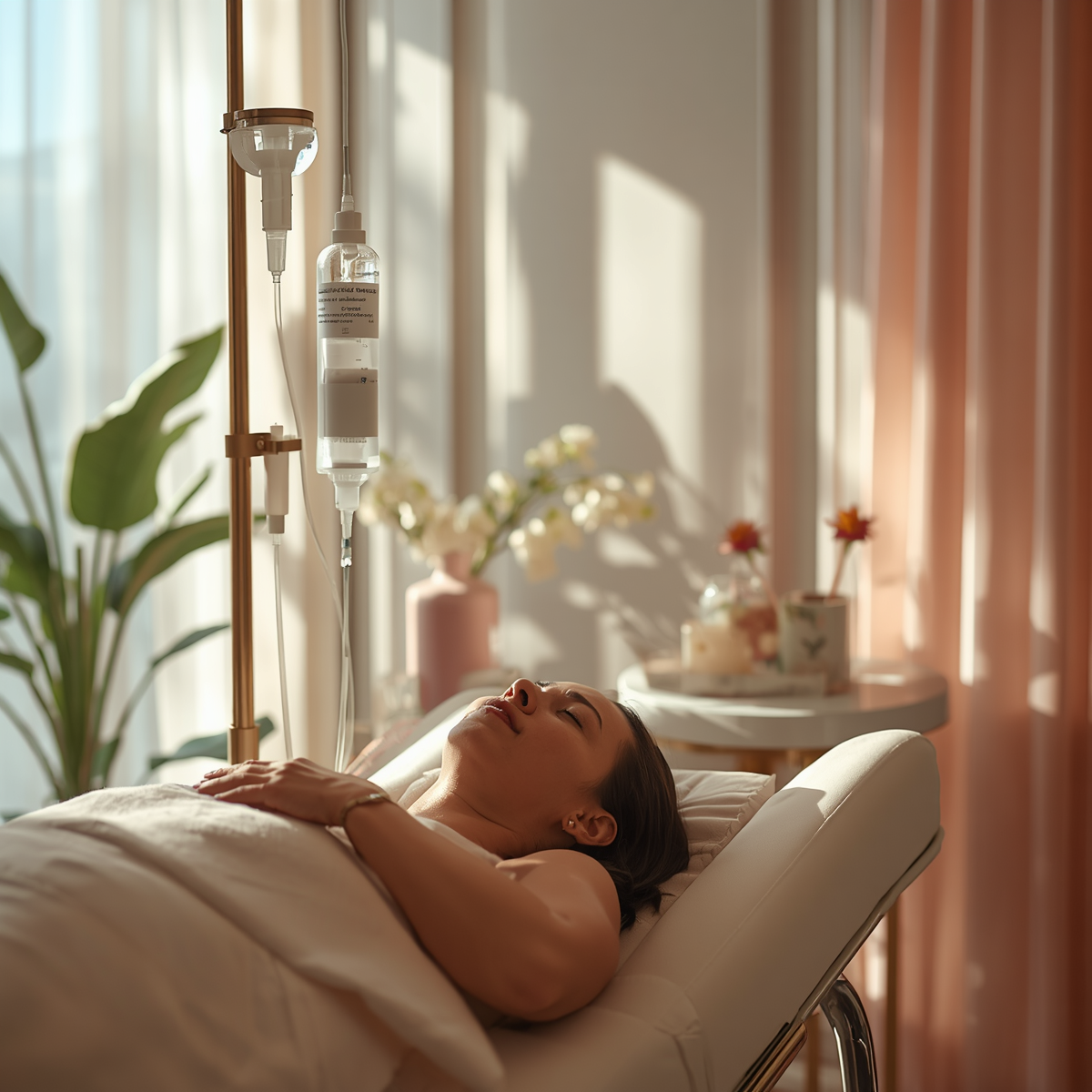 A woman lying in a bed with an IV drip in a well-lit room with flowers on a table in the background.