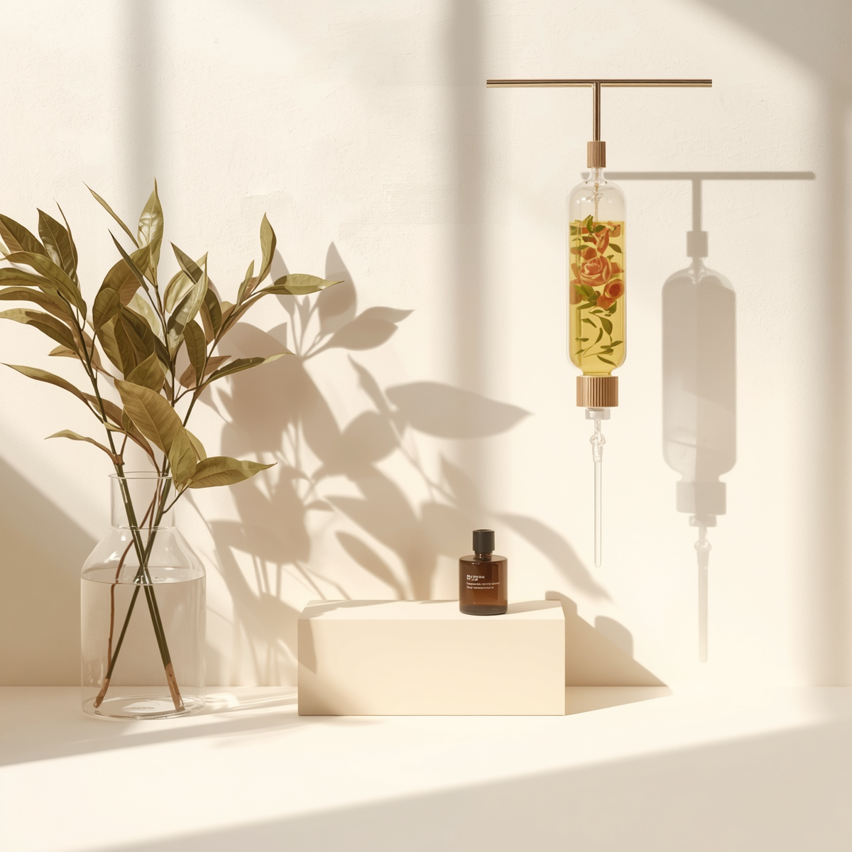 A minimalist arrangement with a glass vase containing green leafy stems, a small amber glass bottle, and a decorative IV drip with a floral liquid, all set against a white background with natural shadows.