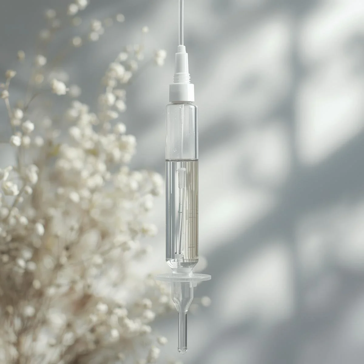 A clear syringe filled with a transparent liquid hanging from a needle against a blurred background with white flowers.