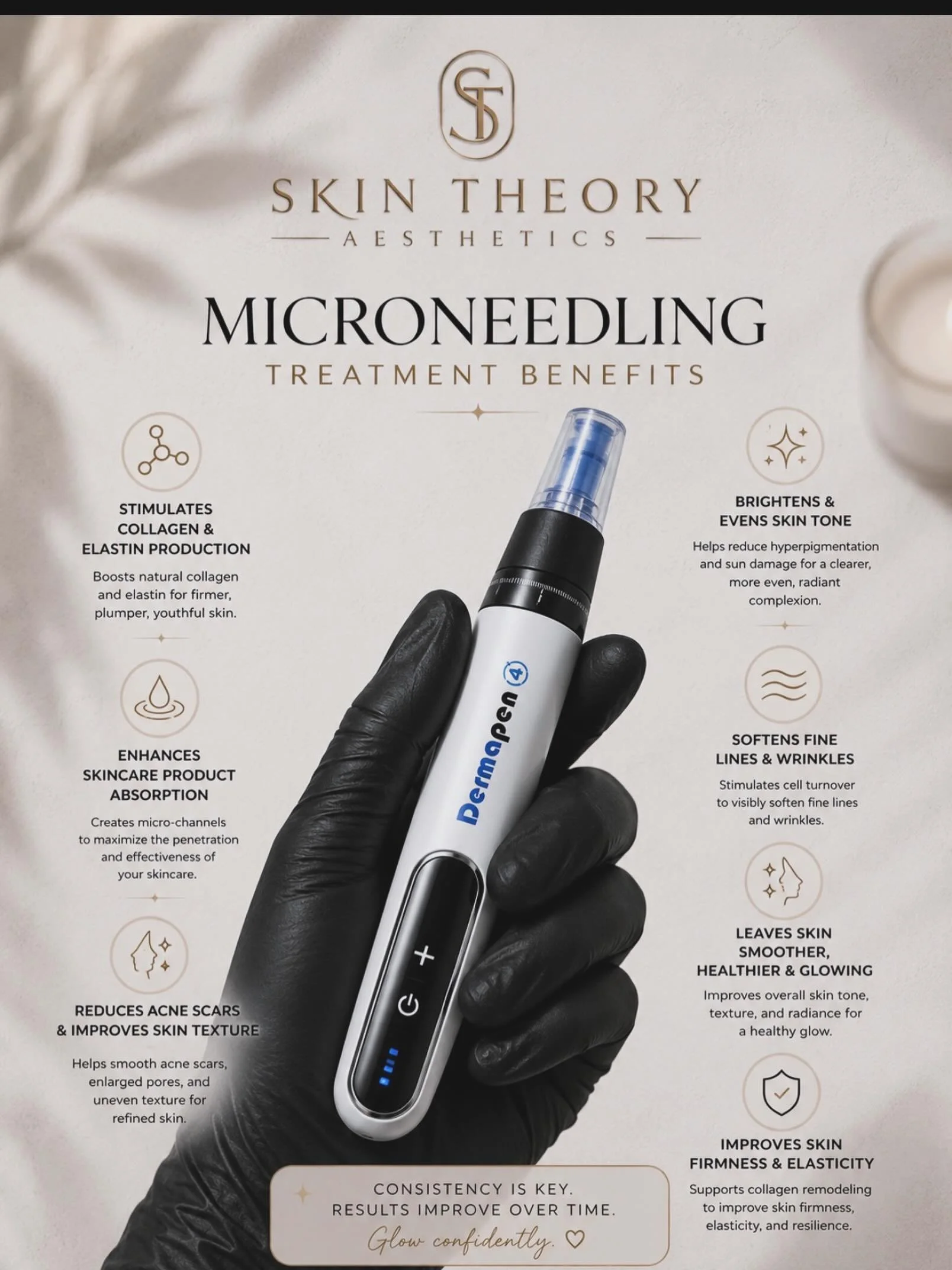 For the months of June + July, enjoy $100 OFF your first Microneedling treatment at Skin Theory Aesthetics.

Designed to help:
&bull; Improve skin texture
&bull; Soften acne scars + fine lines
&bull; Brighten dull skin
&bull; Stimulate collagen produ
