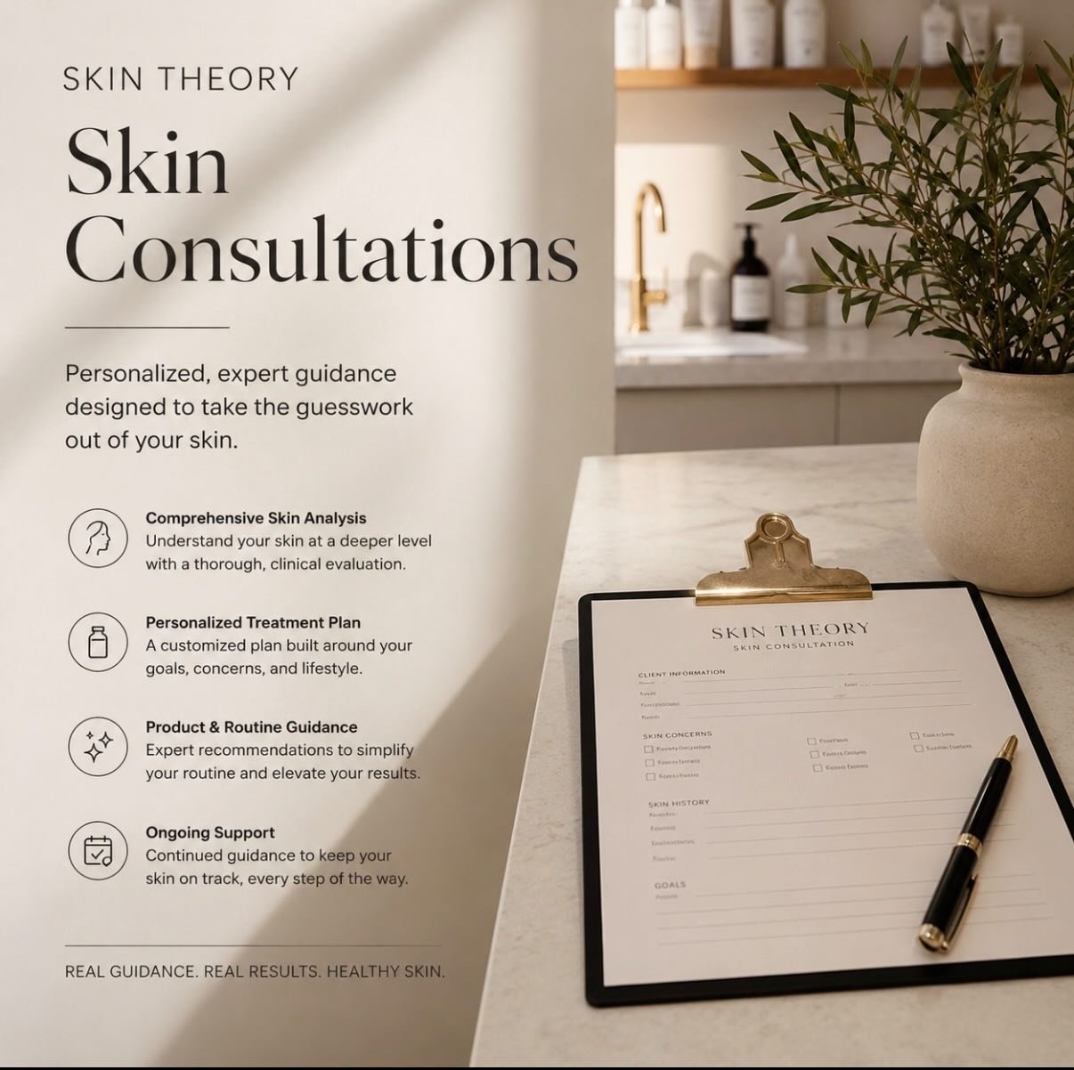 Your skin deserves more than trends, guesswork, and a cabinet full of half-used products.

At Skin Theory, consultations are designed to simplify skincare and create a personalized plan rooted in real clinical expertise &mdash; whether you&rsquo;re n