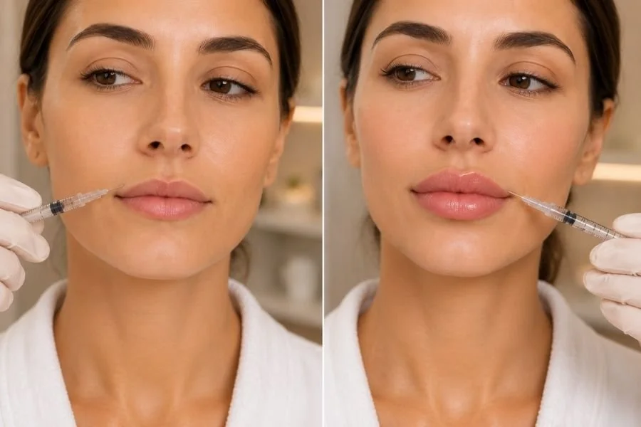 Lip flip vs lip filler comparison showing subtle Botox lip enhancement versus fuller lip filler results